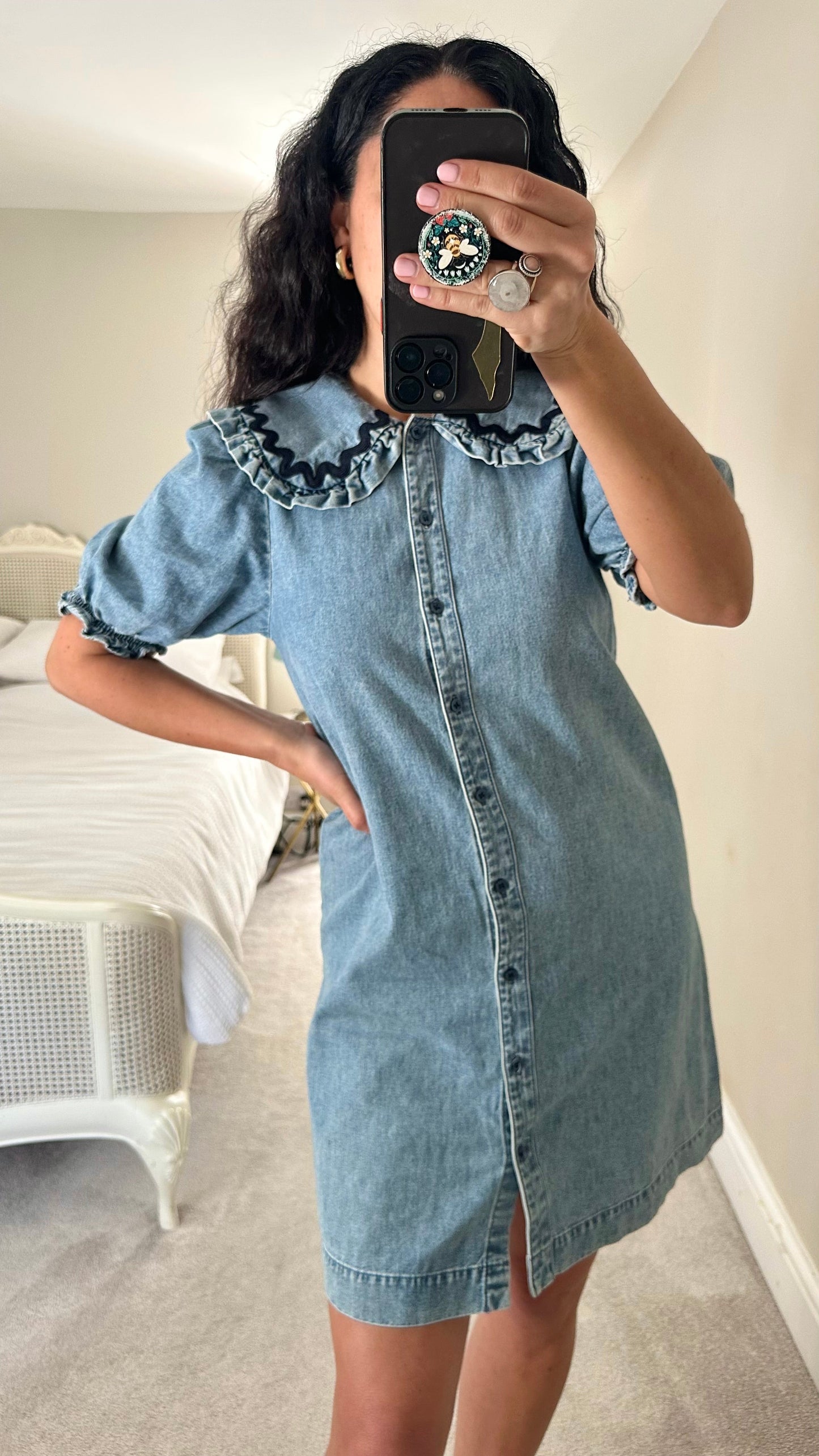 & other stories denim frill collar button up mini dress large UK 16 vgc casual