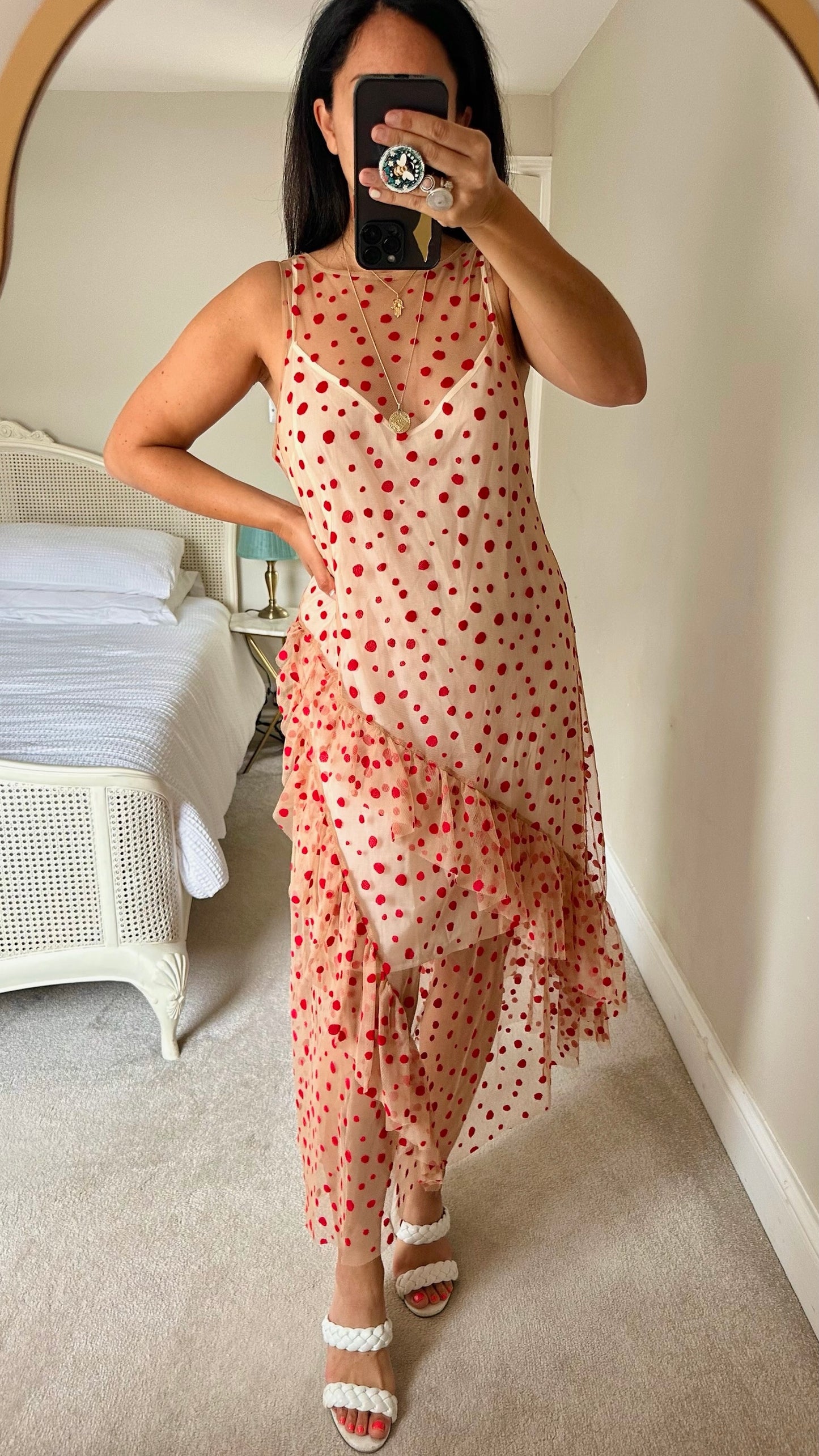 Zara beige red polka dot shift dress medium UK 12 vgc