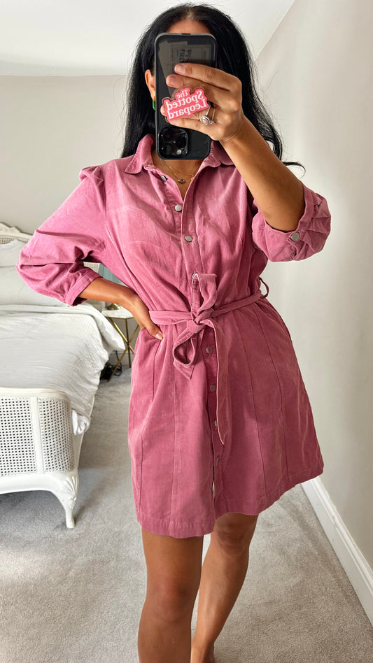 Oliver Bonas pink corduroy shirt dress medium UK 12 vgc
