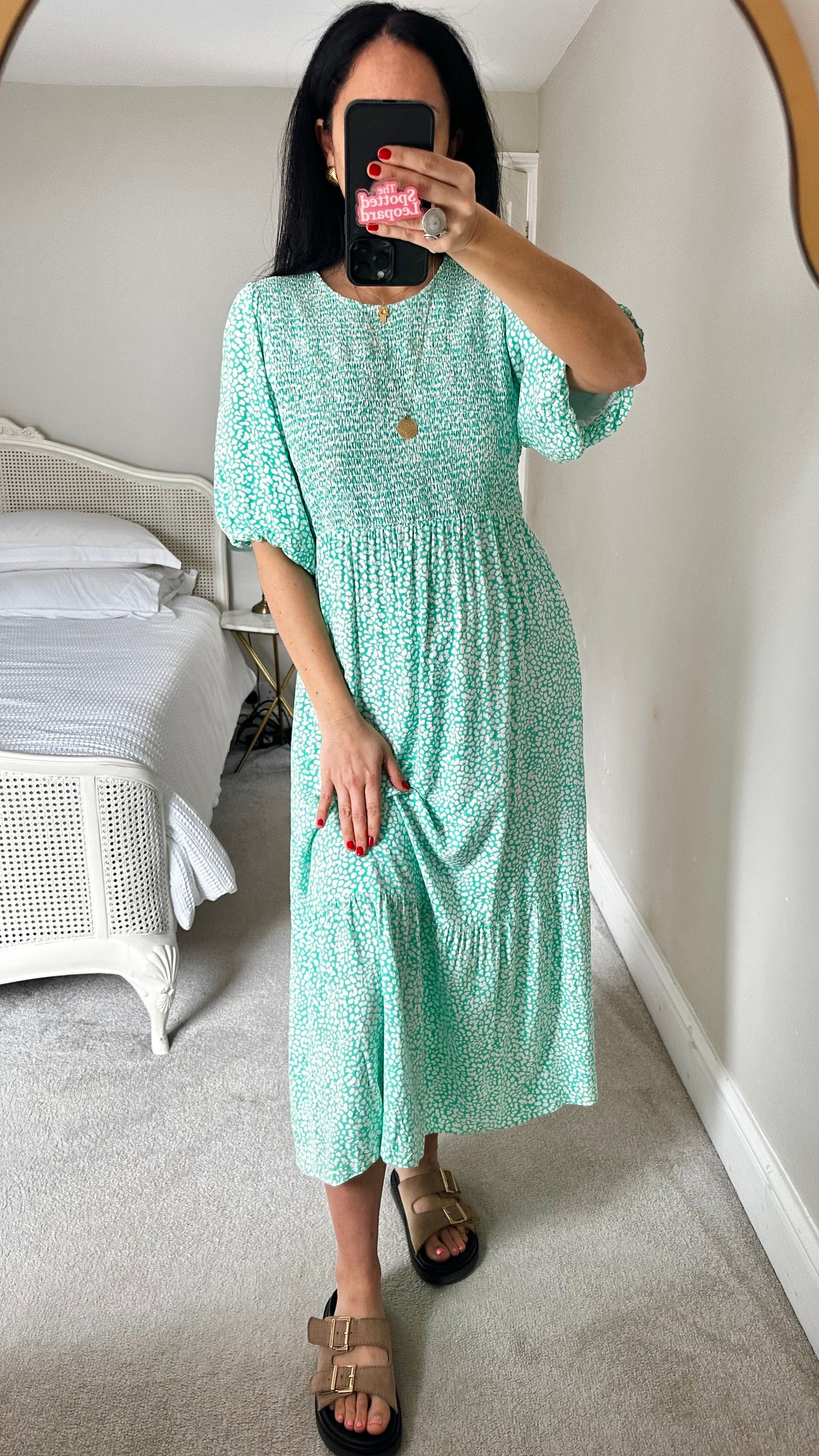 Nobody’s Child mint green white polka dot midi long dress small medium UK 10 14