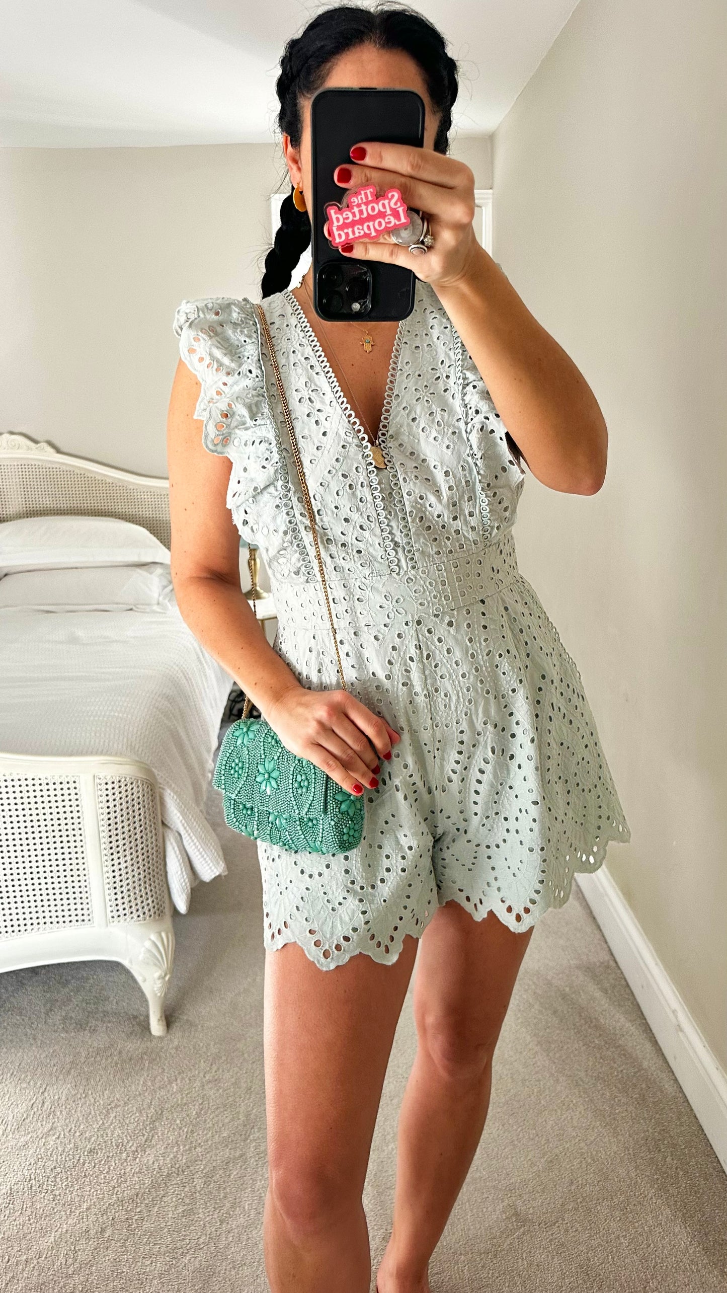 Forever New light turquoise sea green broderie anglaise playsuit shorts holiday mini medium UK 14 vgc