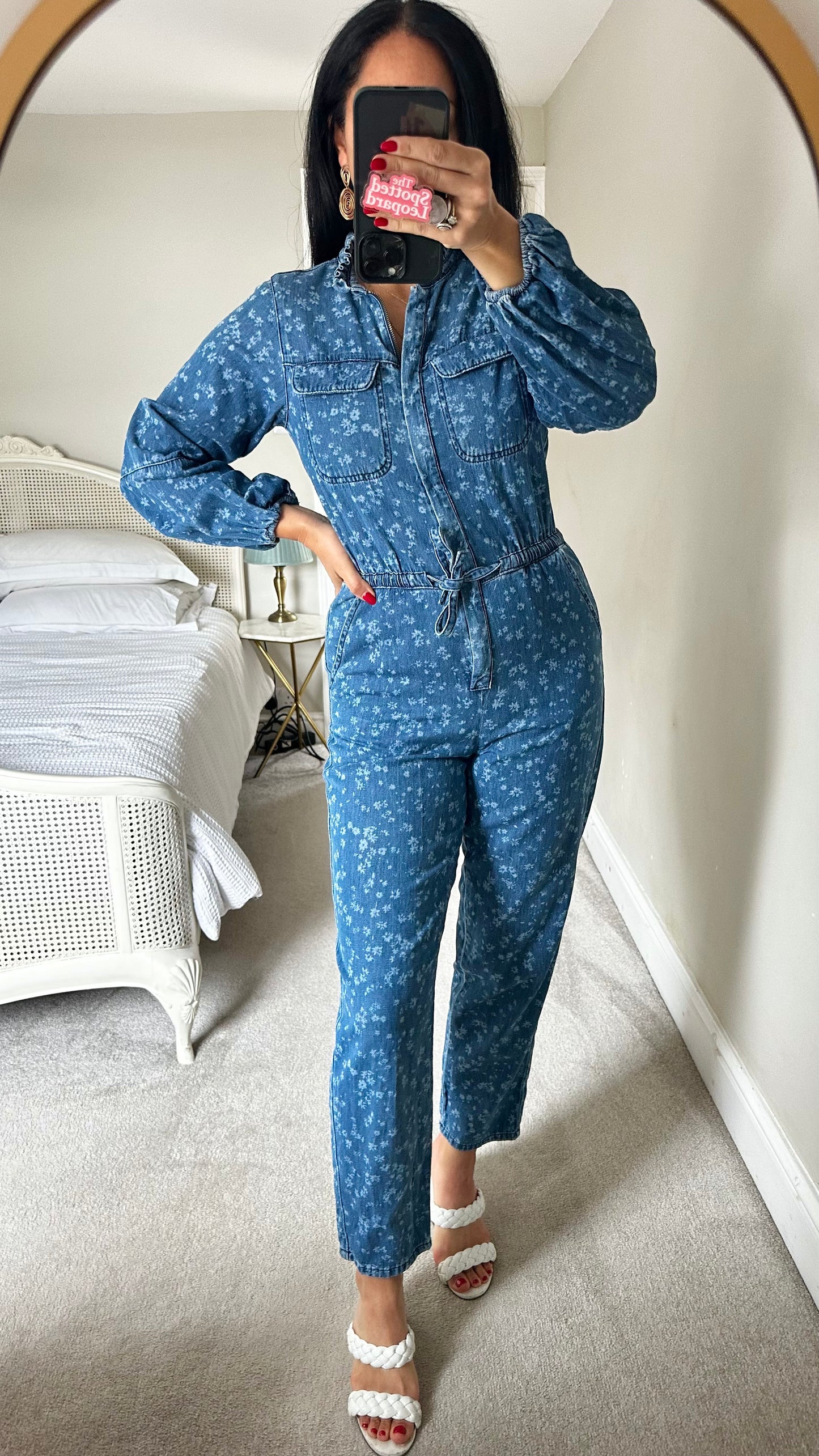 Oliver Bonas blue denim jeans boilersuit jumpsuit floral small UK 8 vgc