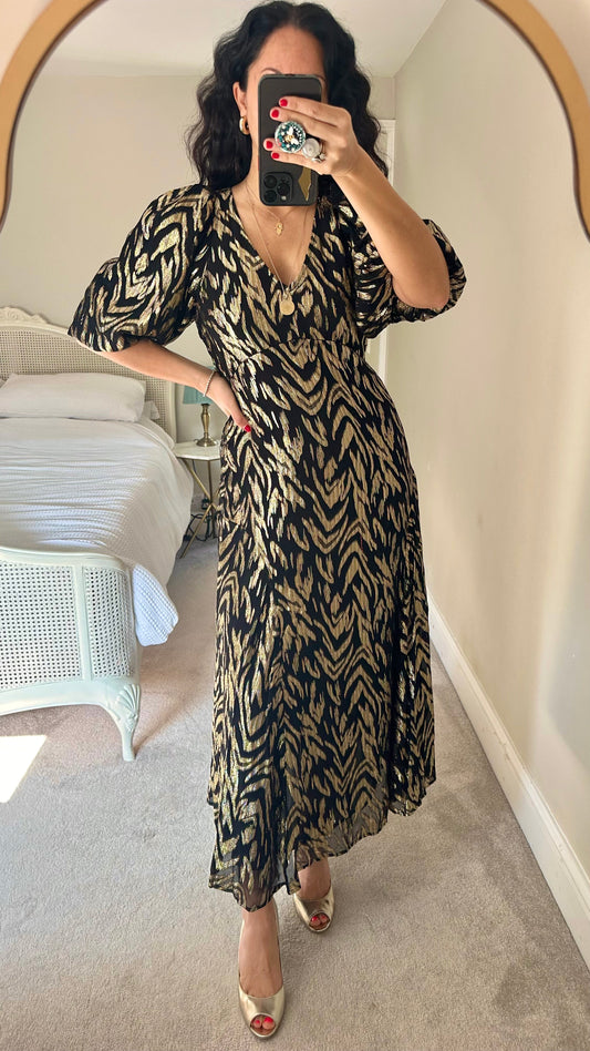 River Island black gold event maxi long dress medium UK 14 vgc