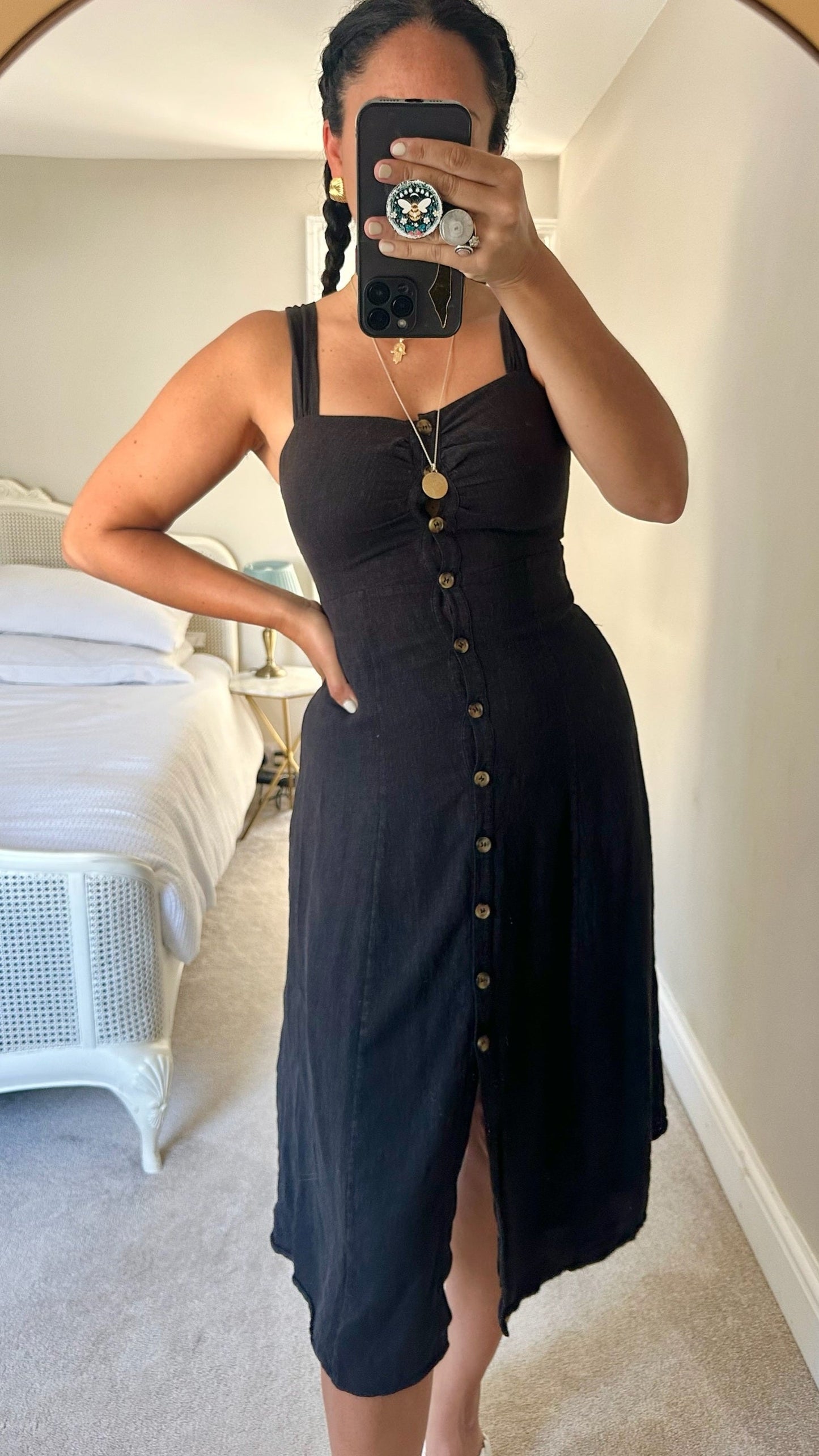 & other stories black button up linen blend dress small large UK 8 16 vgc