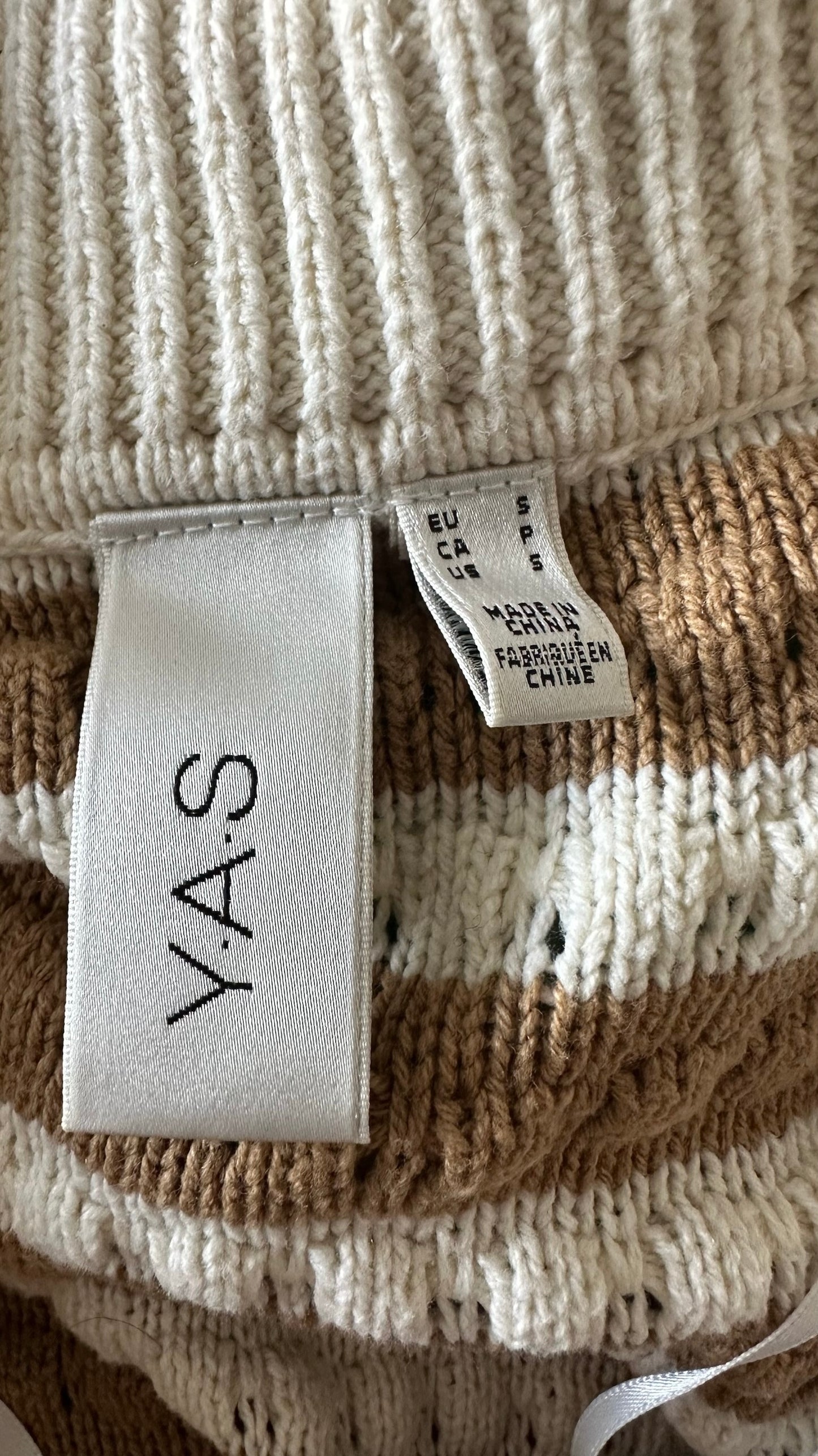 Y.A.S cream tan brown stripe crochet button up short sleeve top small medium SM UK 8-10 vgc