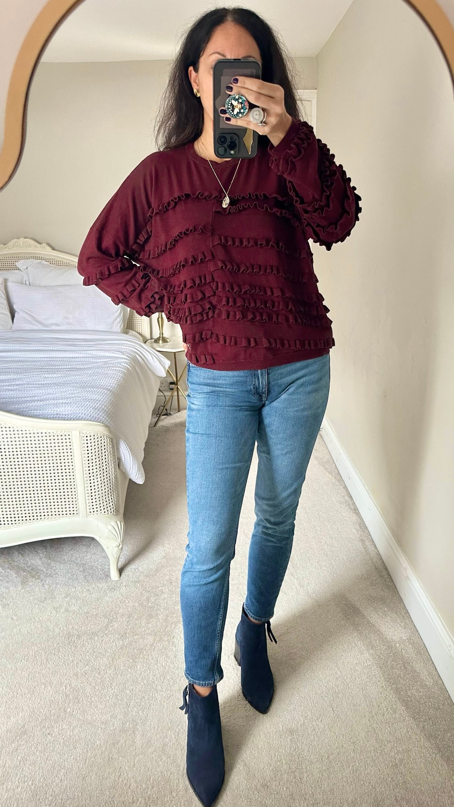 Topshop burgundy red frill detail jumper large L 12 14 vgc