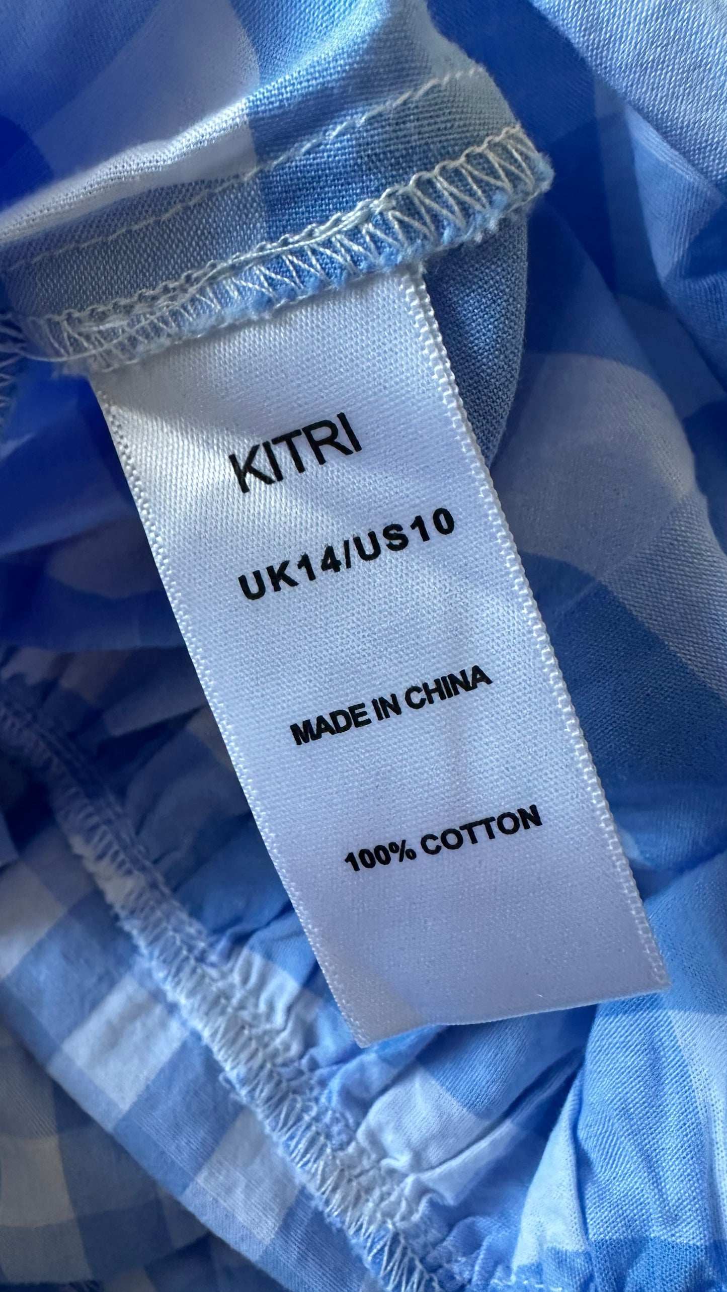 Kitri light blue white gingham check midi off shoulder dress medium UK 14 vgc