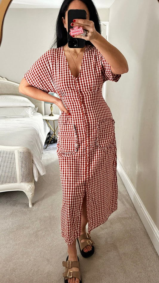 Nobody’s child red burgundy cream gingham check button up midi long holiday dress Small S UK 8 excellent used condition