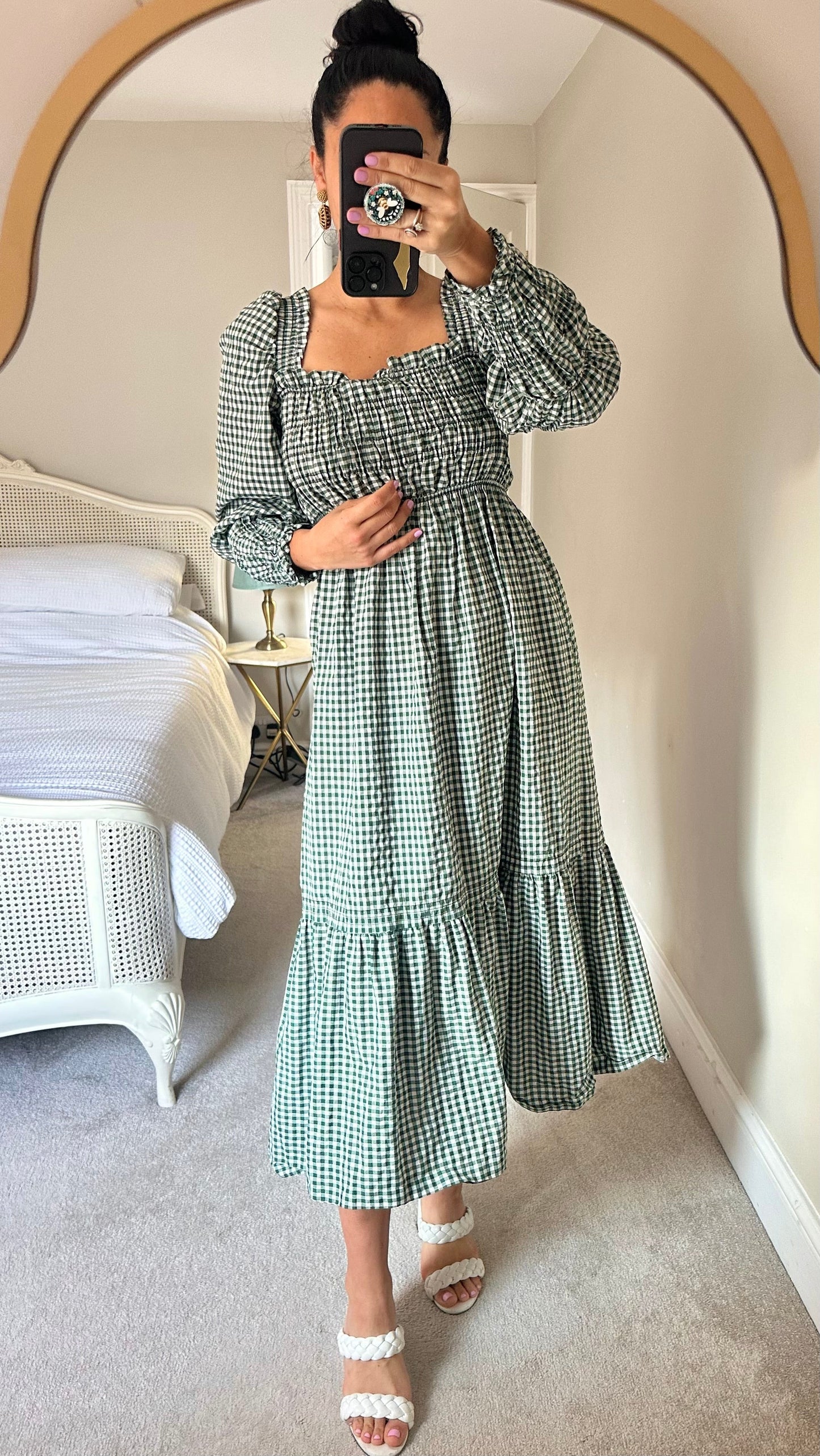 Topshop Green white gingham check shirred cotton blend check midi dress medium UK 14