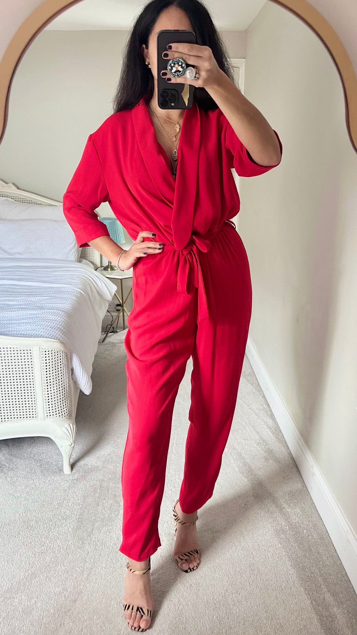 Warehouse red waist tie jumpsuit party extra large XL UK 14 vgc