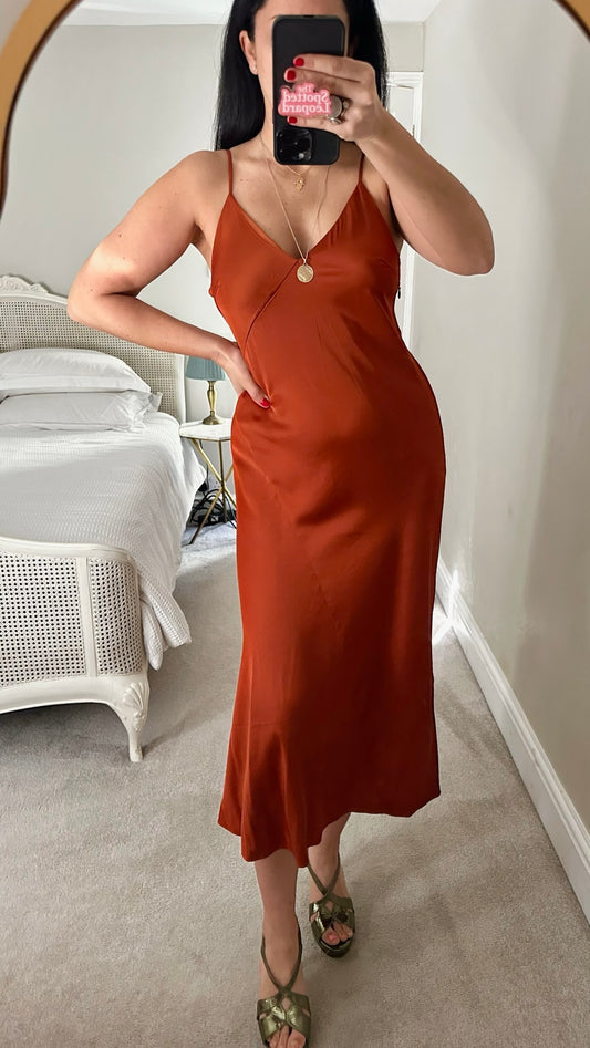 &Other stories burnt orange brown satin midi event dress Medium M UK 12 excellent used condition