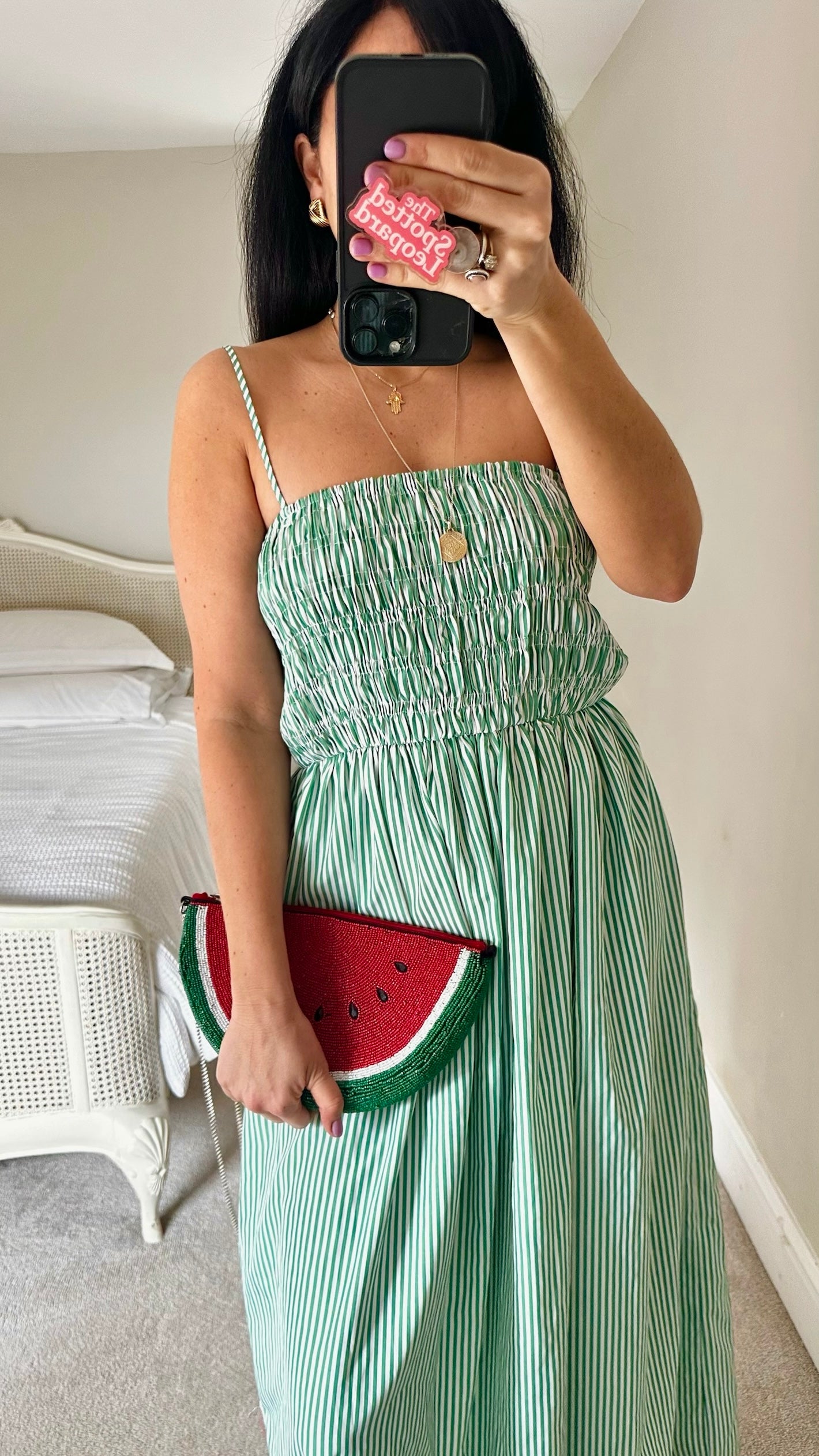 Topshop green white stripe shirred bust midi sundress UK 12-14 vgc