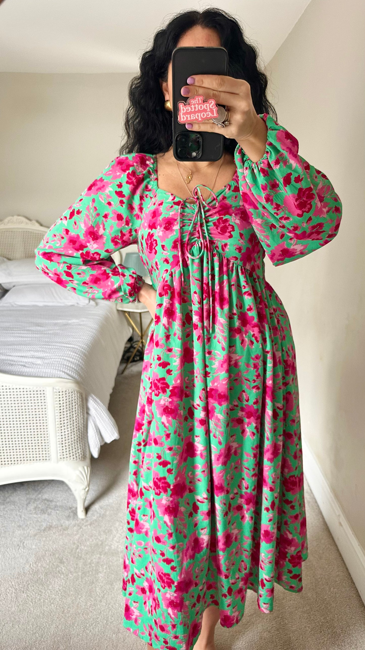 YAS turquoise green pink fuchsia floral event midi long dress small UK 8-10 vgc