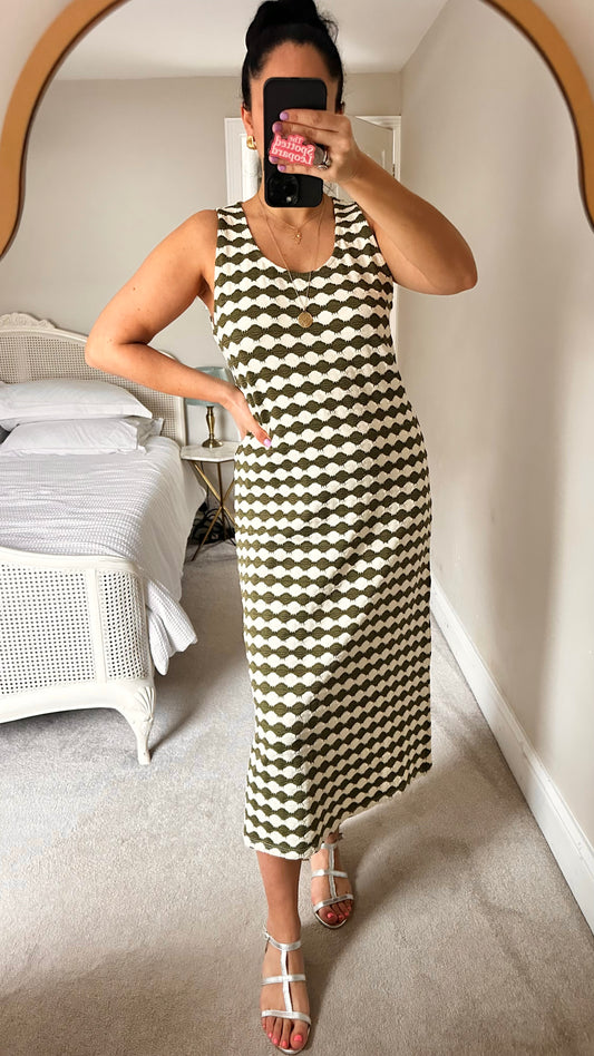 Ro & Zo khaki cream green stripe squiggle midi long maxi holiday dress new UK 14 bnwt