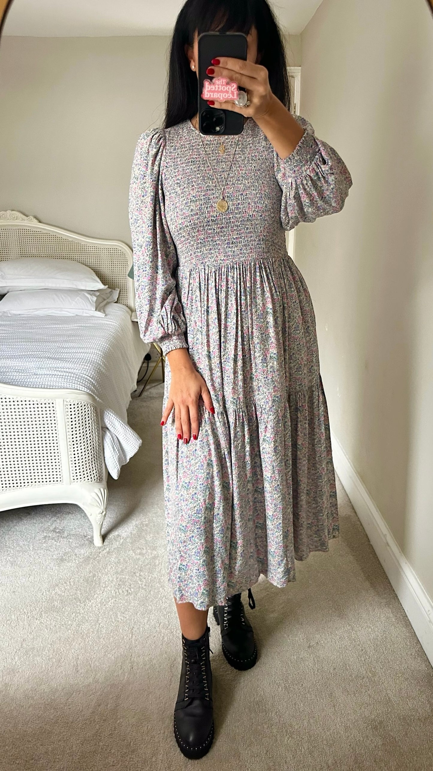 & other stories lilac pink turquoise tiered shirred prairie dress medium UK 10 vgc