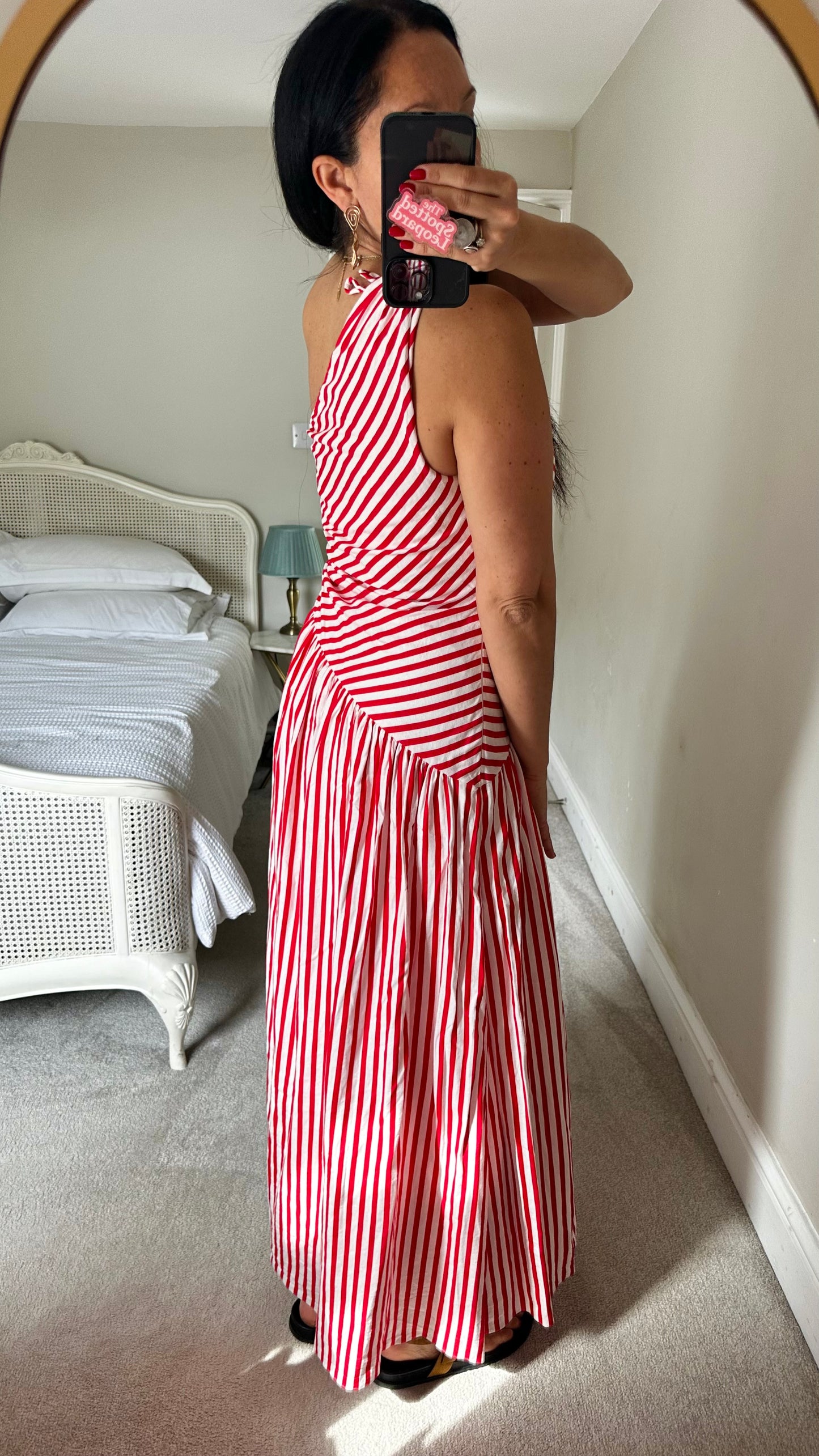 Ro & Zo red white stripe one shoulder maxi long dress medium UK 12 vgc holiday linen blend