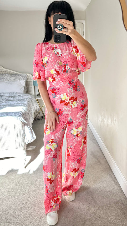 Oliver Bonas pink red yellow floral wedding guest jumpsuit trousersuit UK 10