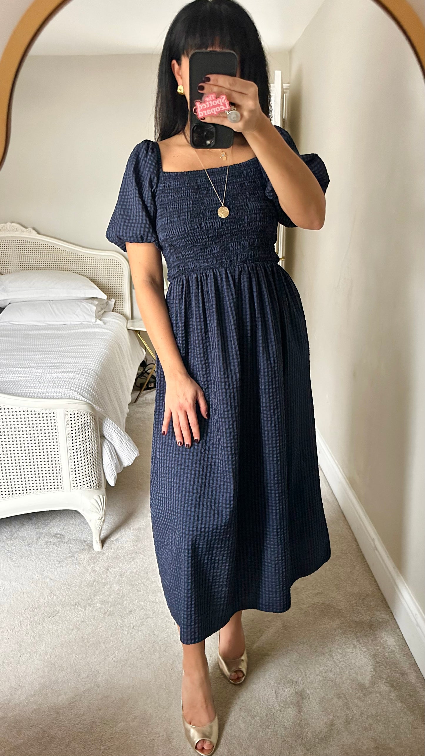 Never Fully Dressed navy blue black gingham shirred bust dress extra large UK 14-16 vgc