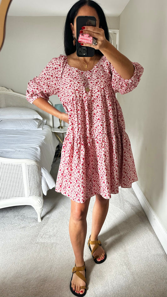 & other stories pink red floral tiered mini dress small medium UK 10 12 14