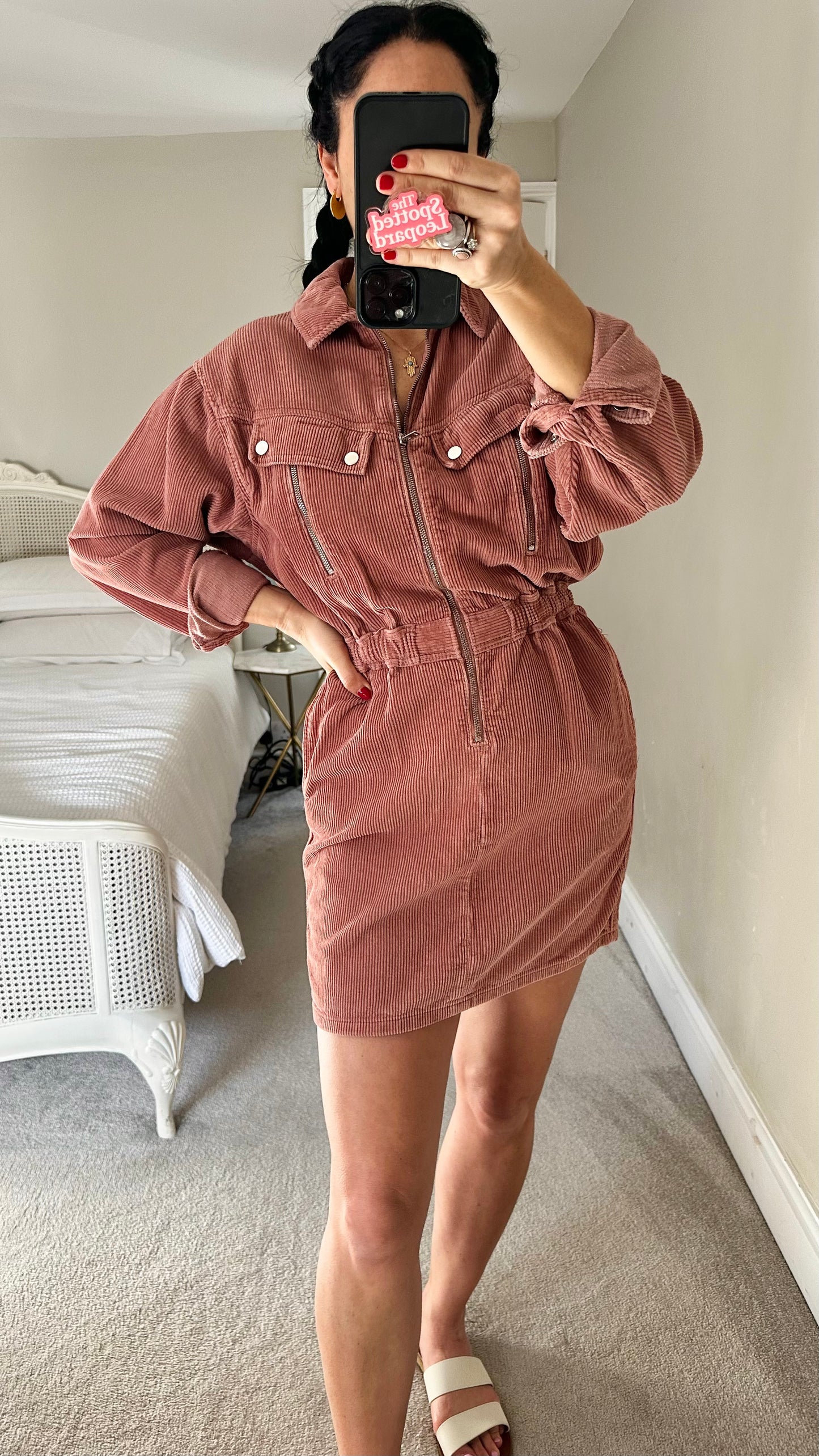 Topshop dusky pink corduroy zip up mini dress casual small UK 8 vgc