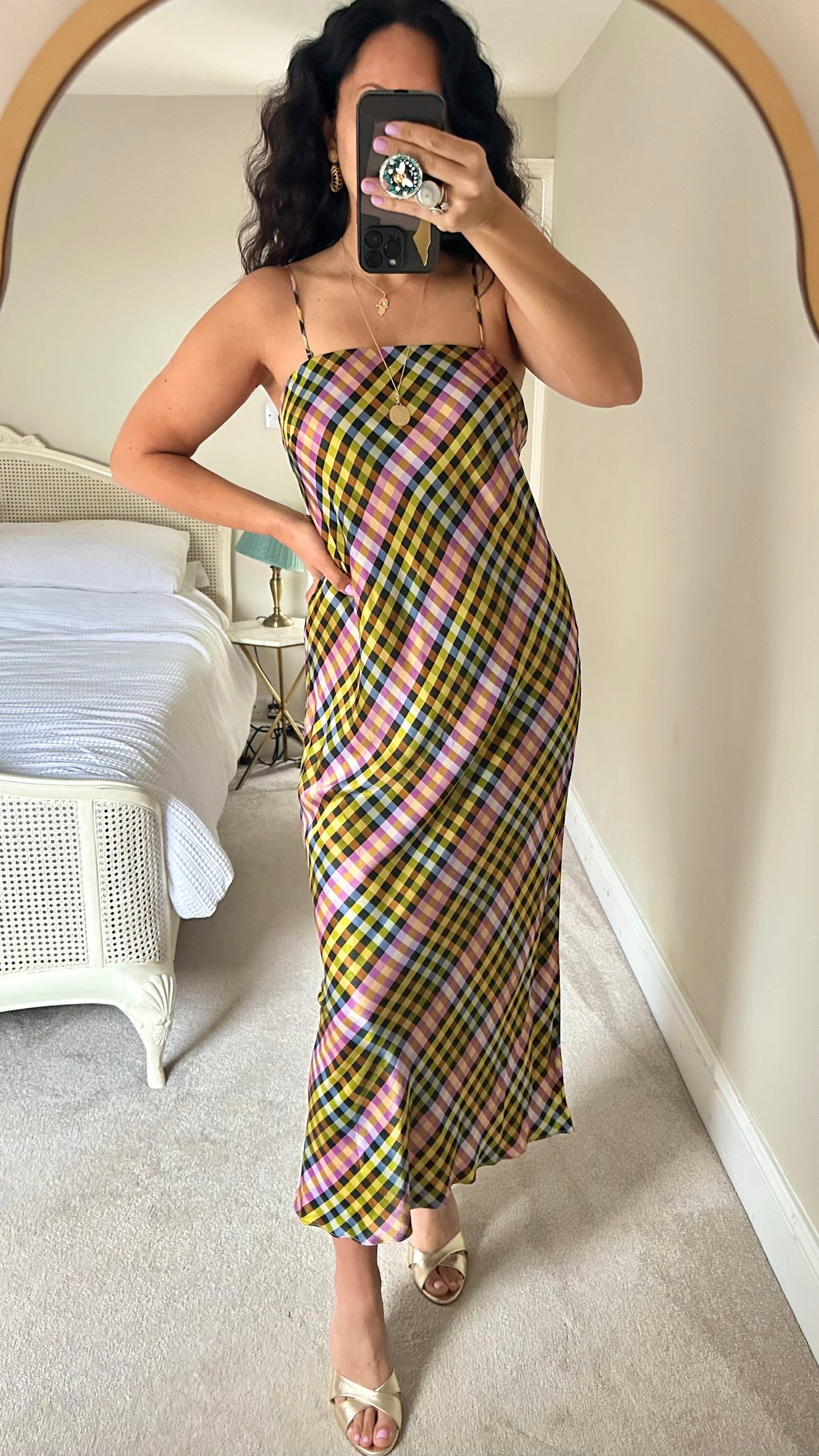 HUSH lilac green gingham check slip dress midi event maxi large UK 14 vgc