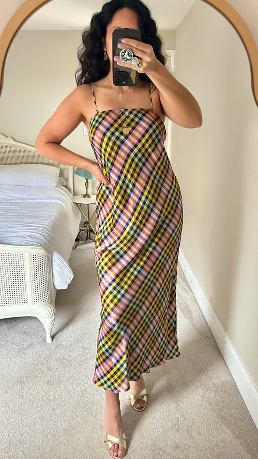 HUSH lilac green gingham check slip dress midi event maxi large UK 14 vgc