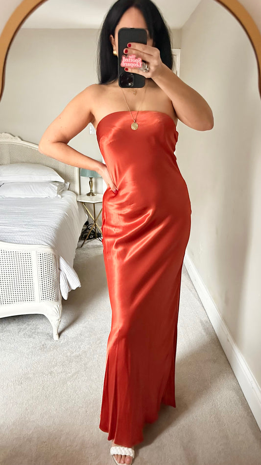 Anthropologie burnt orange strapless slip maxi wedding guest event dress medium UK 14 vgc