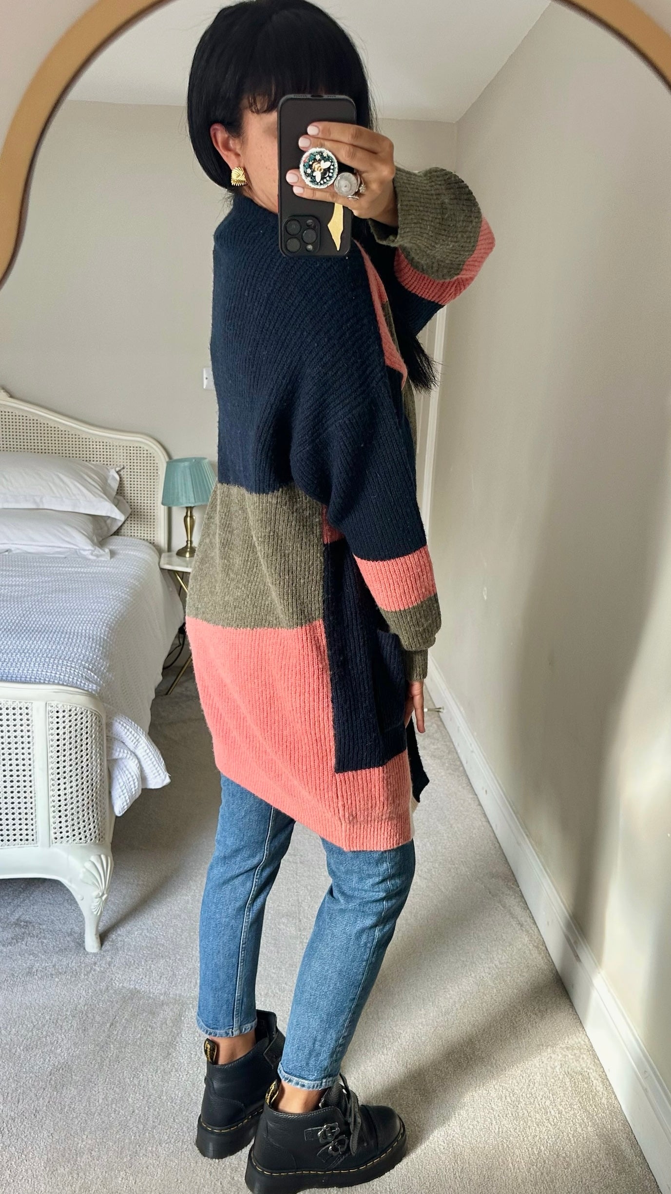 Numpth @Anthropologie navy blue coral khaki open knitted long cardigan jumper large L UK 12-14 excellent used condition