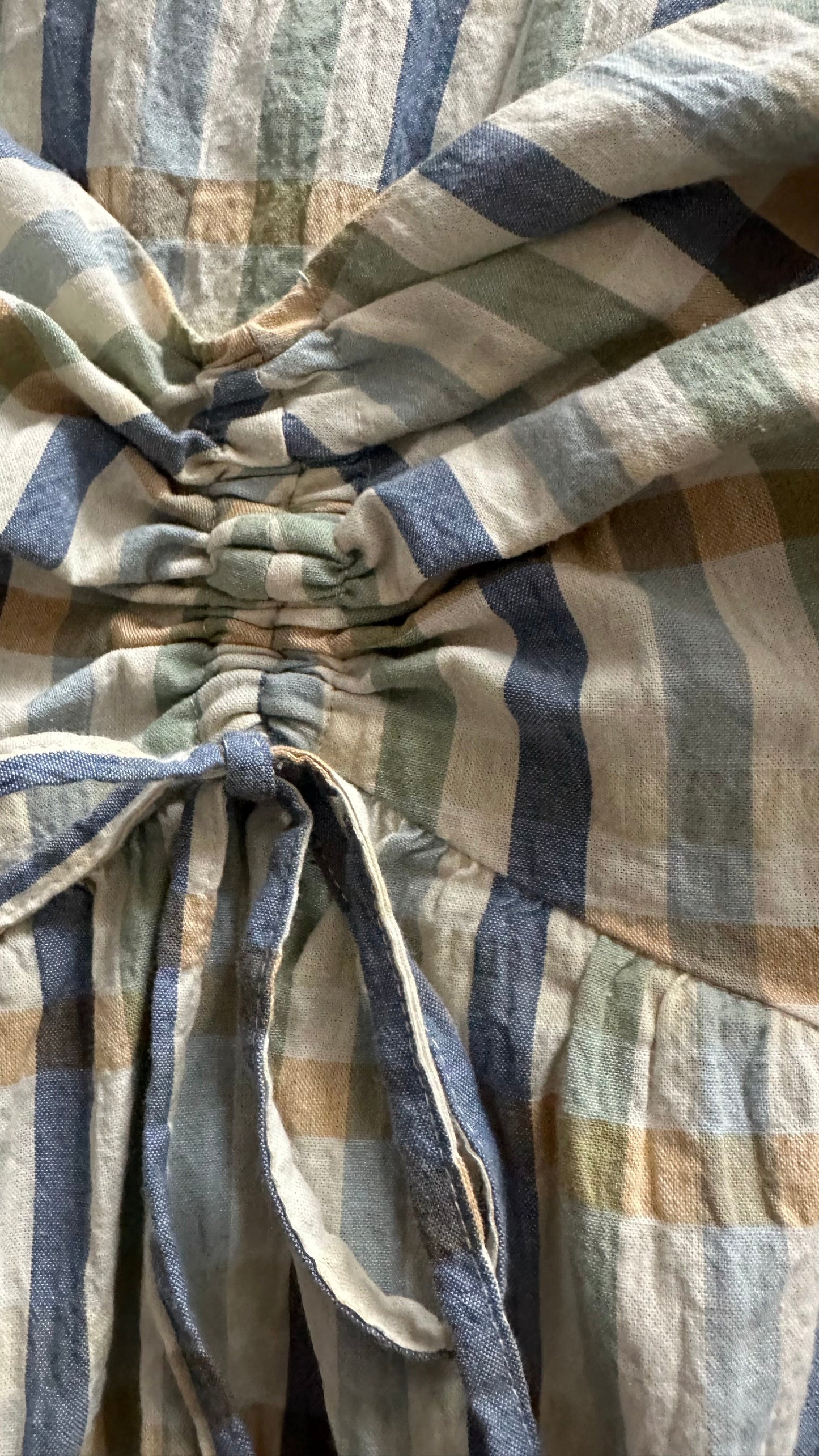 Feather & Bone @ Anthropologie blue green yellow gingham check cotton blend dress medium UK 12 midi vgc