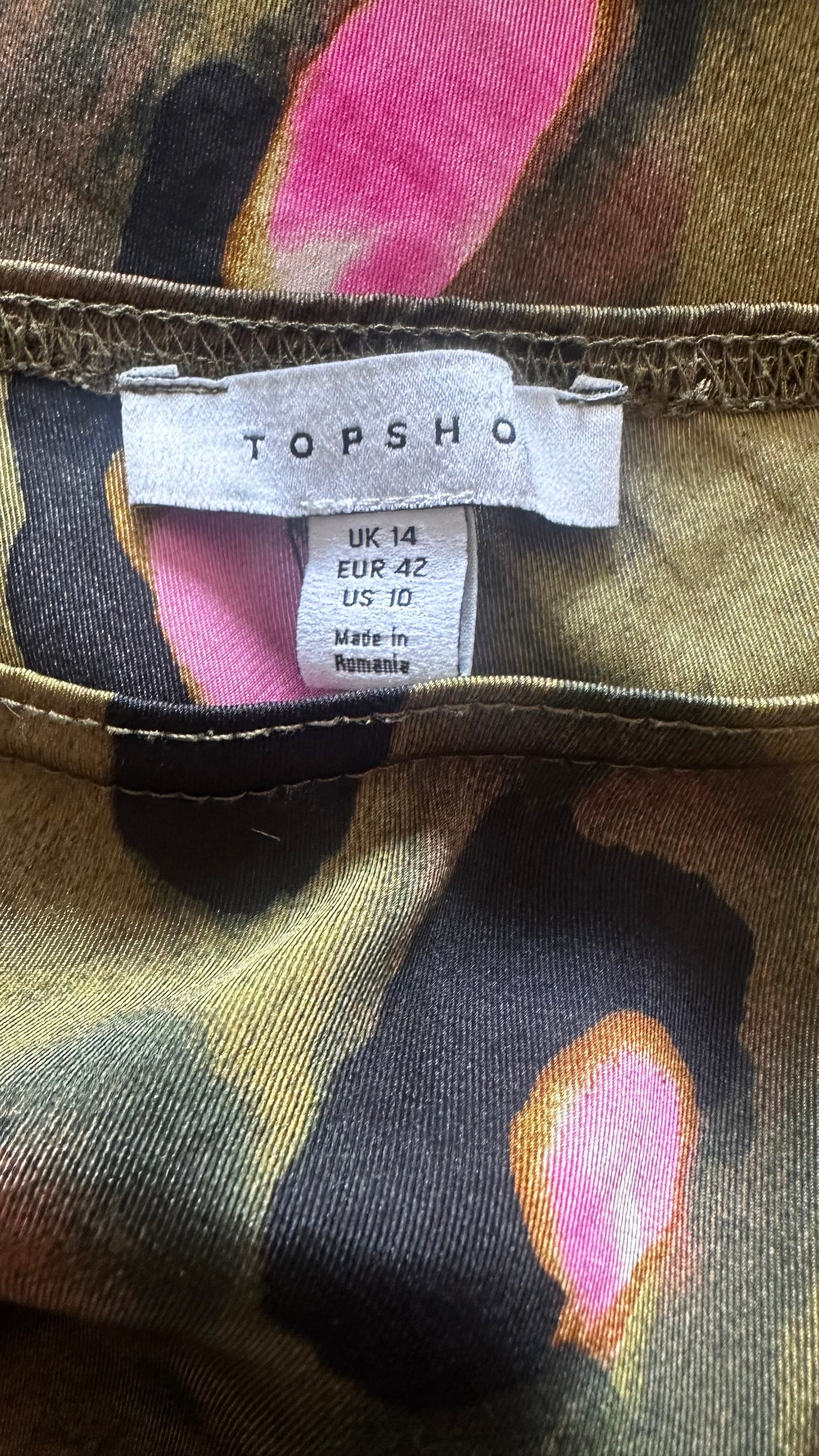 Topshop khaki green leopard animal print midi satin midi long maxi skirt extra large UK 14 vgc