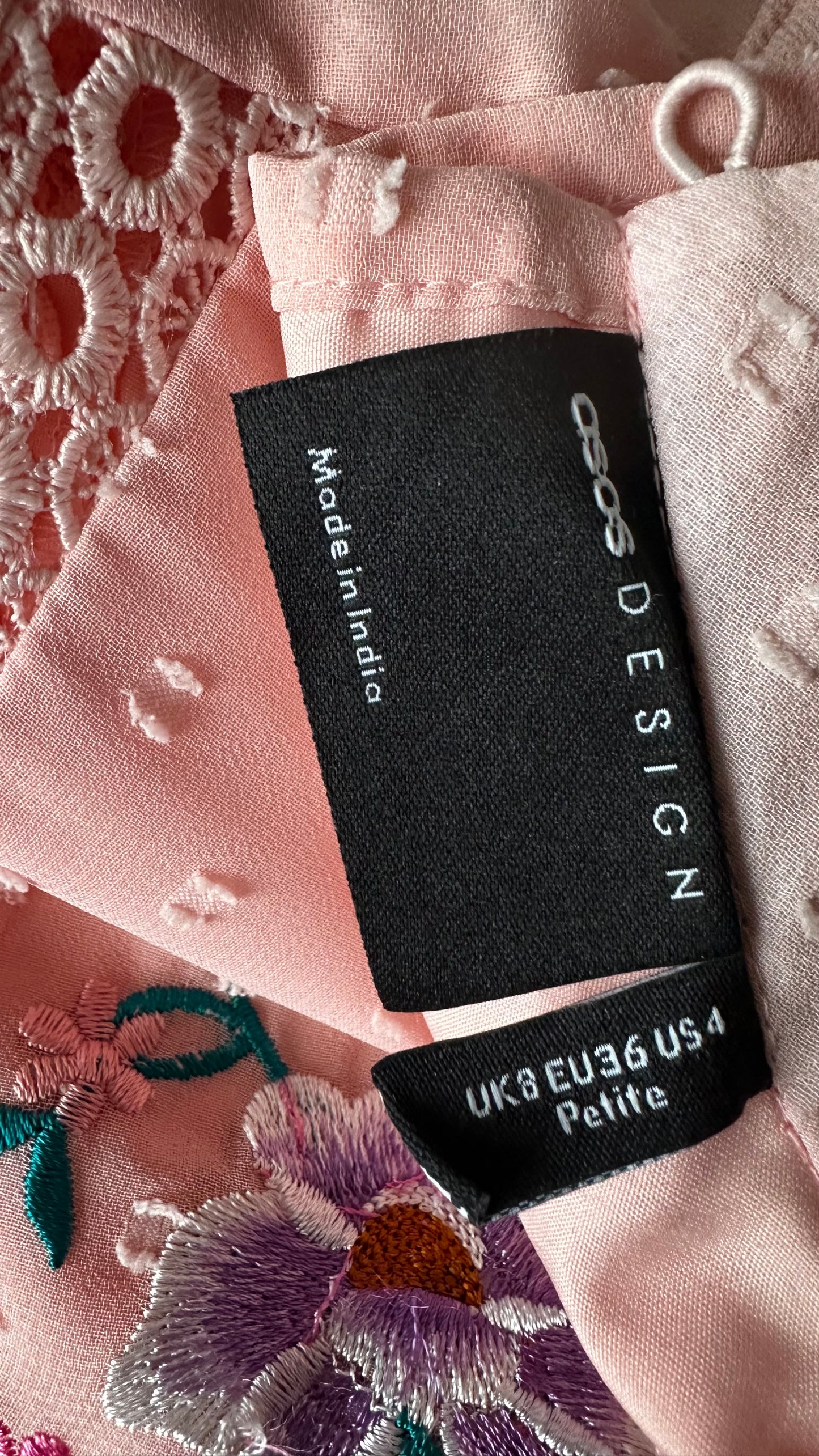 ASOS light pink embroidered mini dress petite UK 8 vgc event