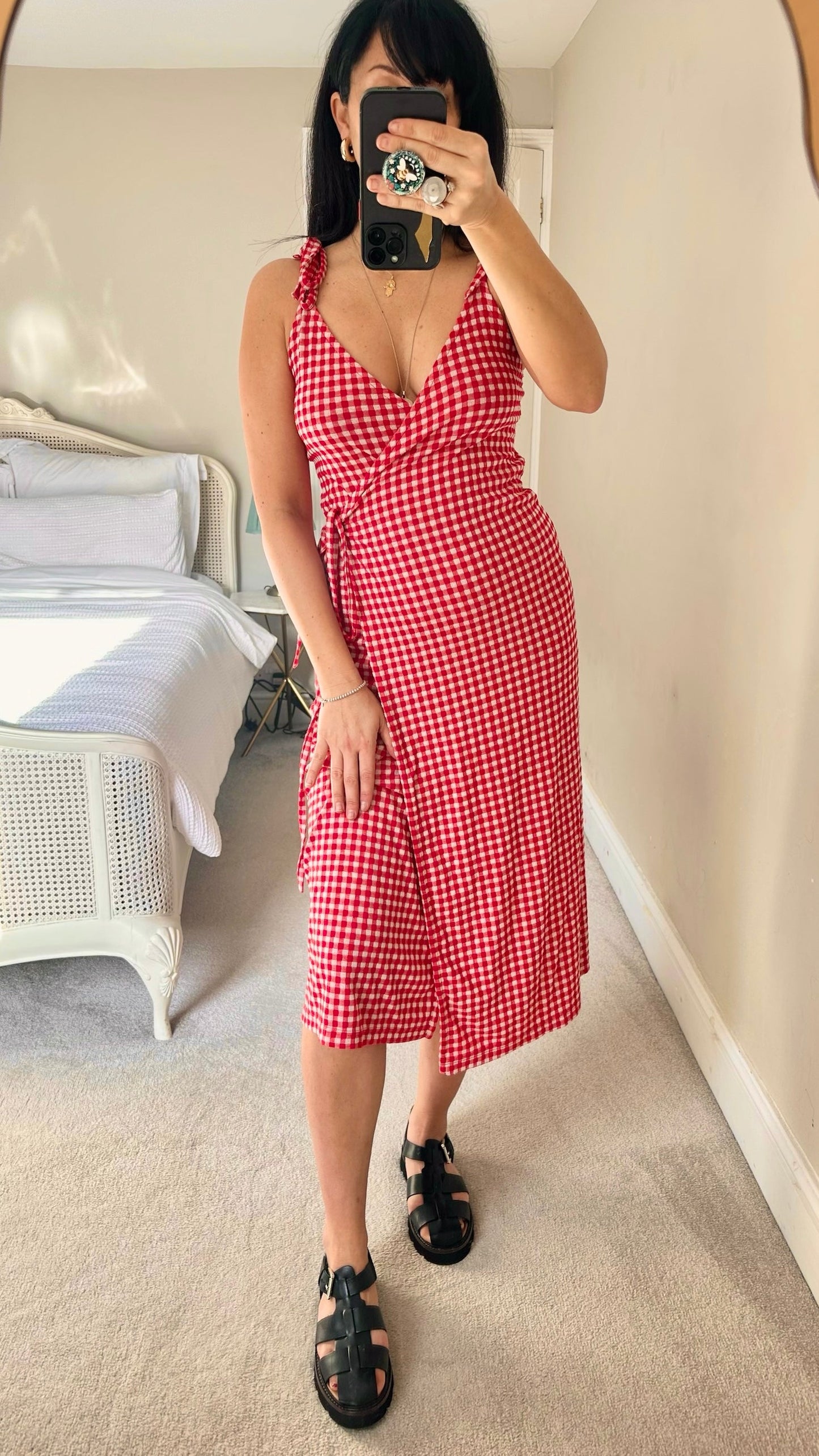 & other stories red white gingham check wrap midi long dress UK 8 10 14 vgc