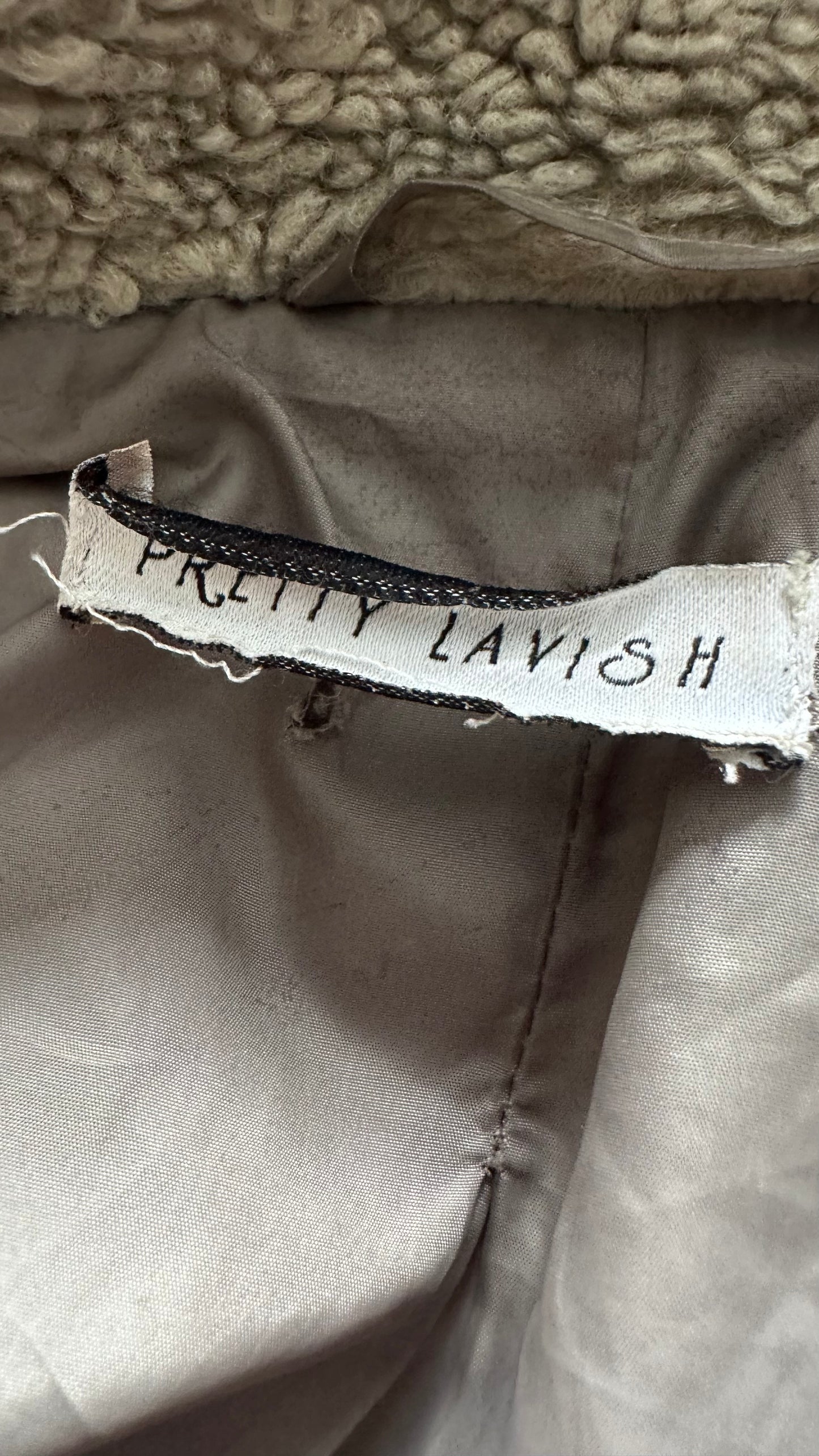 Pretty Lavish khaki beige stone teddy long maxi coat large UK 12 14 16 vgc