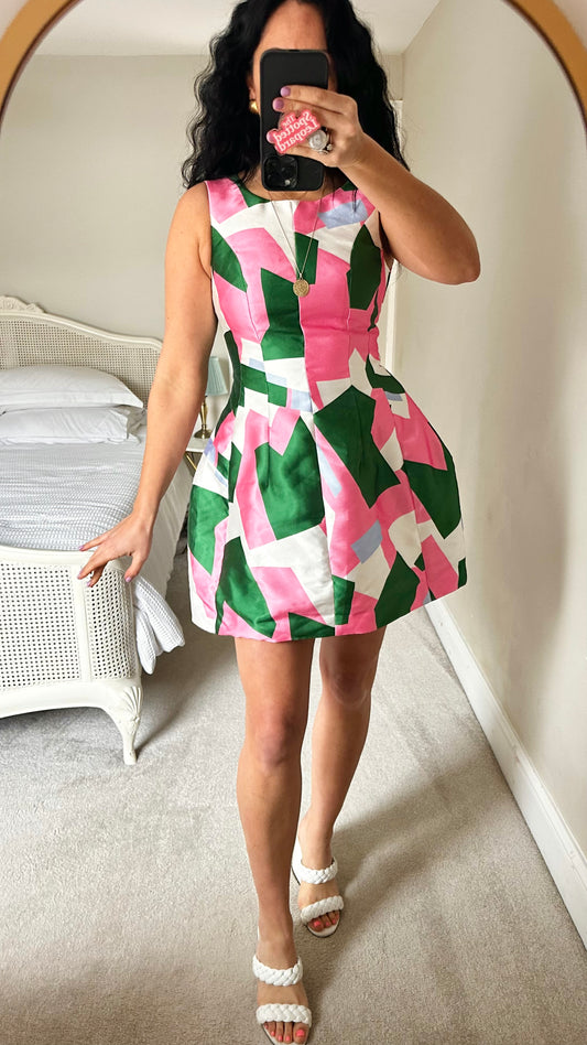 Traffic People pink green white triangles puff skirt kitsch mini dress small UK 8 vgc