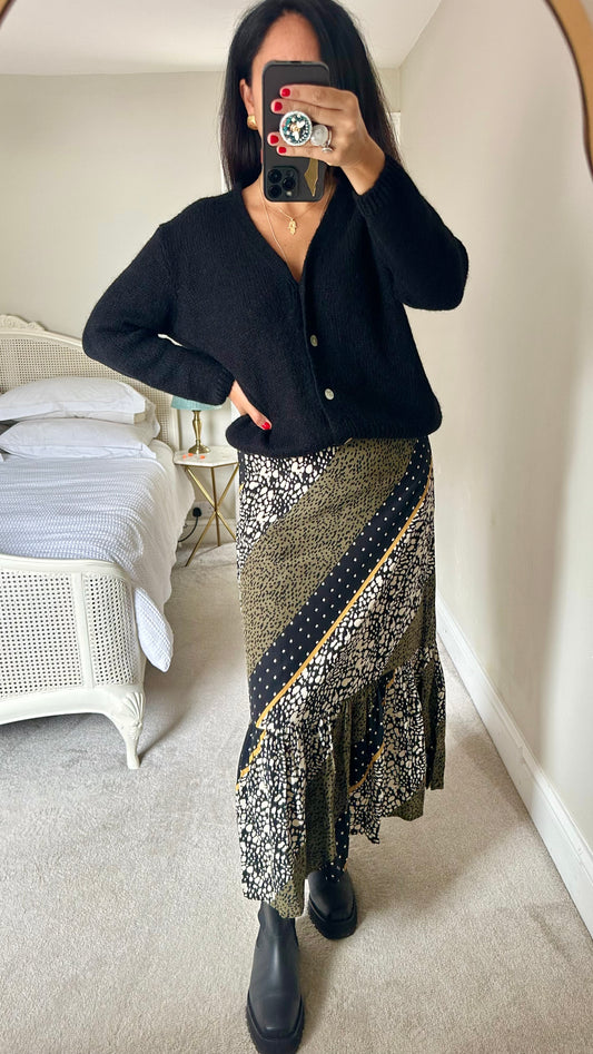 Oliver Bonas khaki green tiered midi maxi long skirt small UK 8 leopard animal vgc w25
