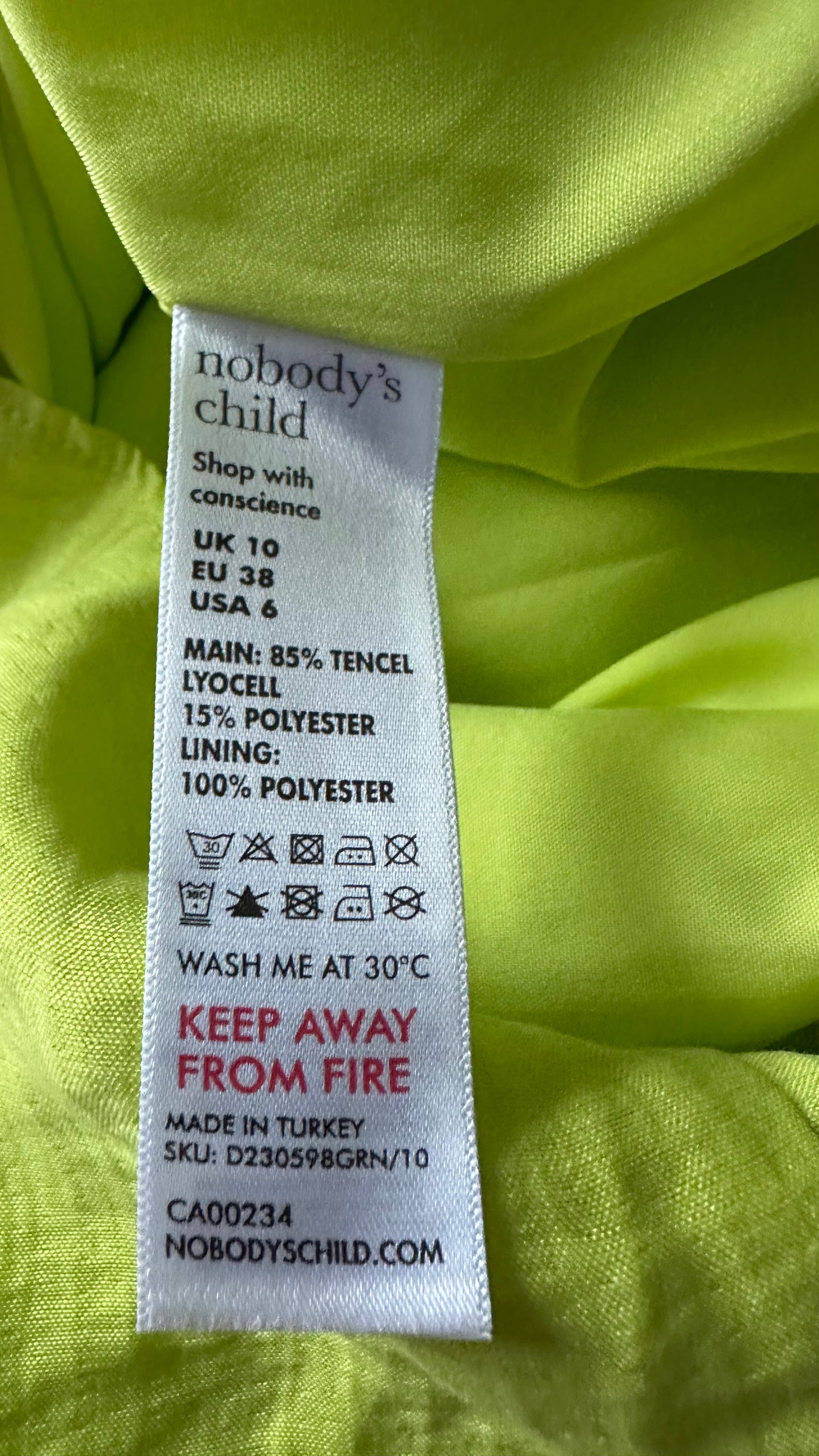 Nobody’s Child lime green acid tie back wedding guest event dress small UK 10 long vgc