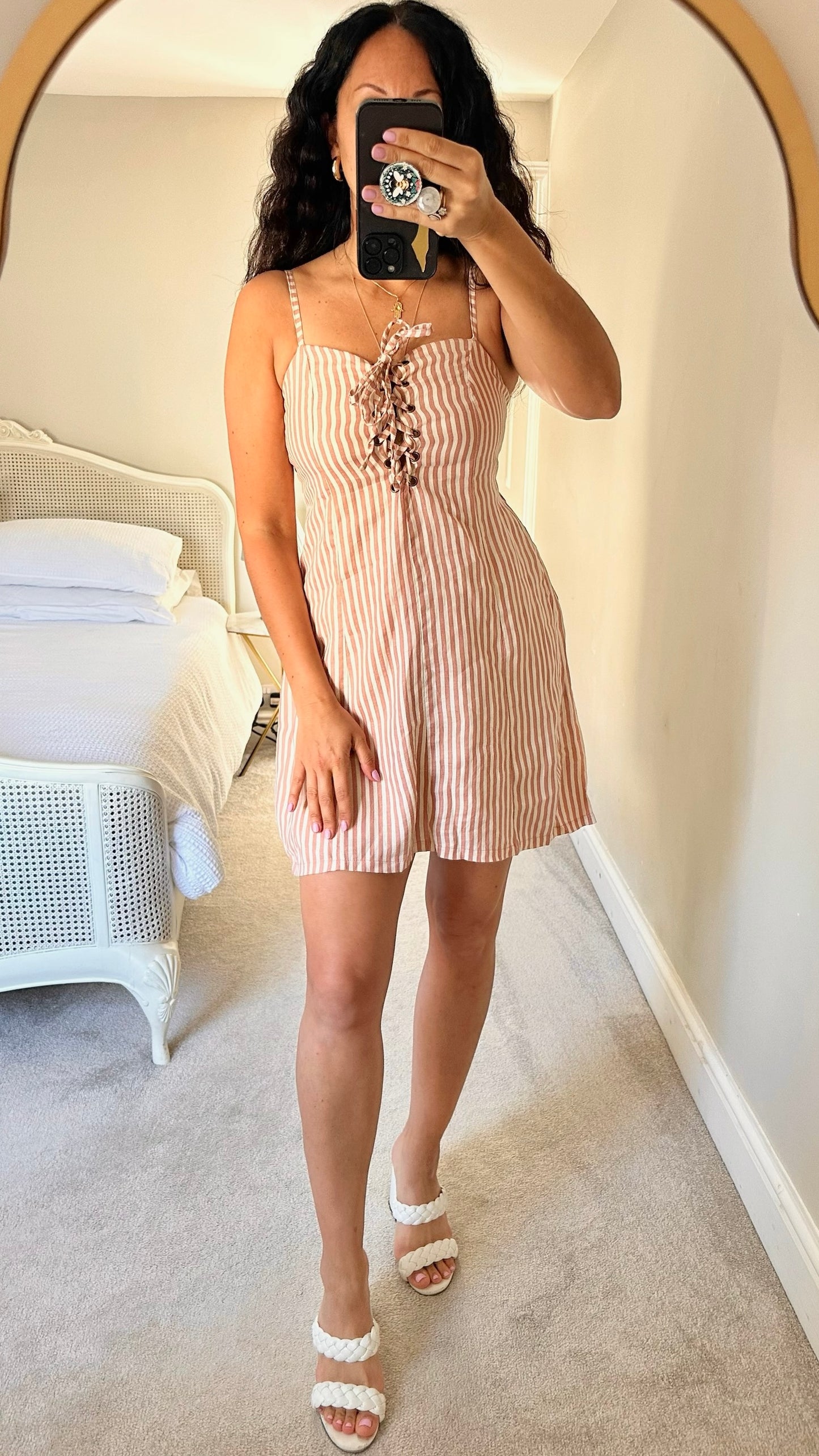 Faithfull the Brand dusky pink cream candy stripe corset tie bust mini dress holiday large L UK 12 vgc