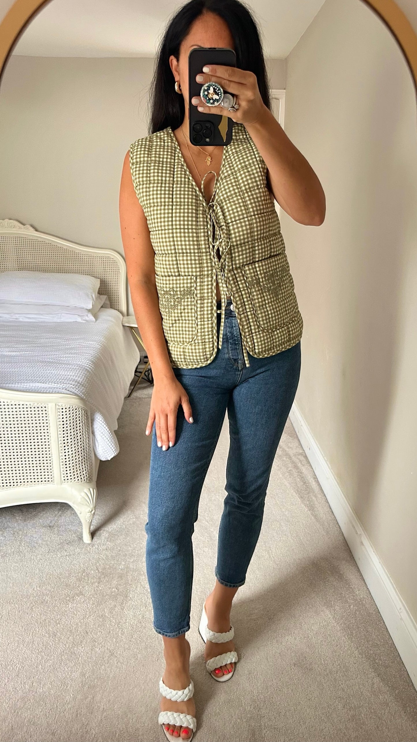 Damson madder reversible green pink gingham waistcoat top medium UK 10 vgc