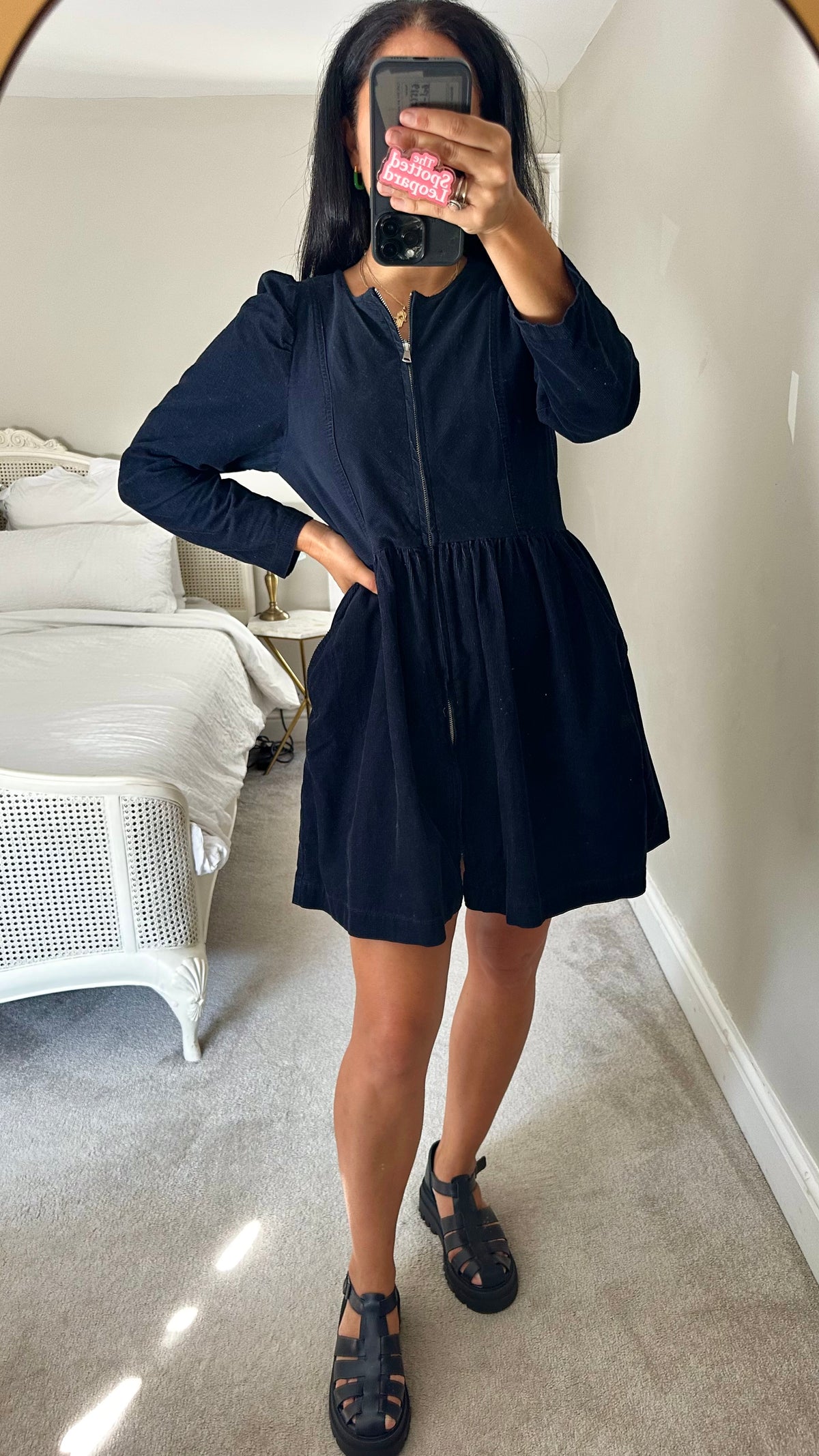 Oliver Bonas black navy blue corduroy zip up dress medium UK 12 pockets vgc
