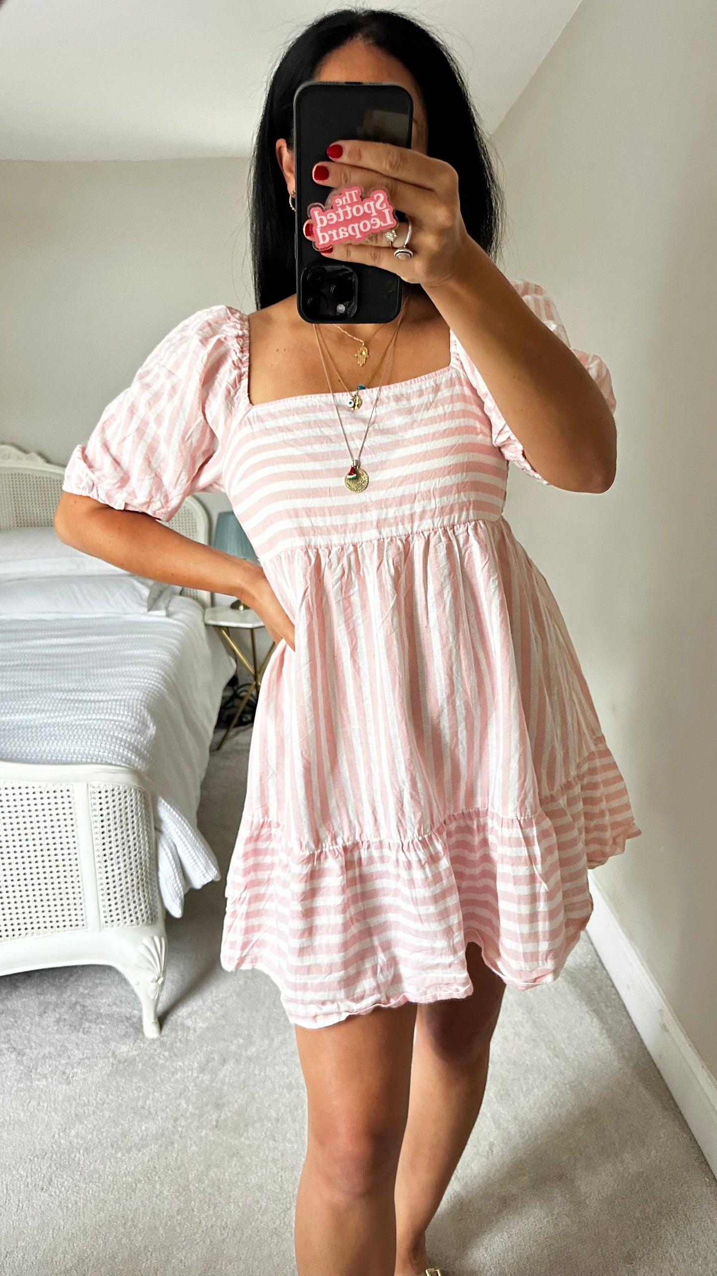 Nobody’s Child pink white stripe organic cotton holiday dress mini small UK 10 vgc