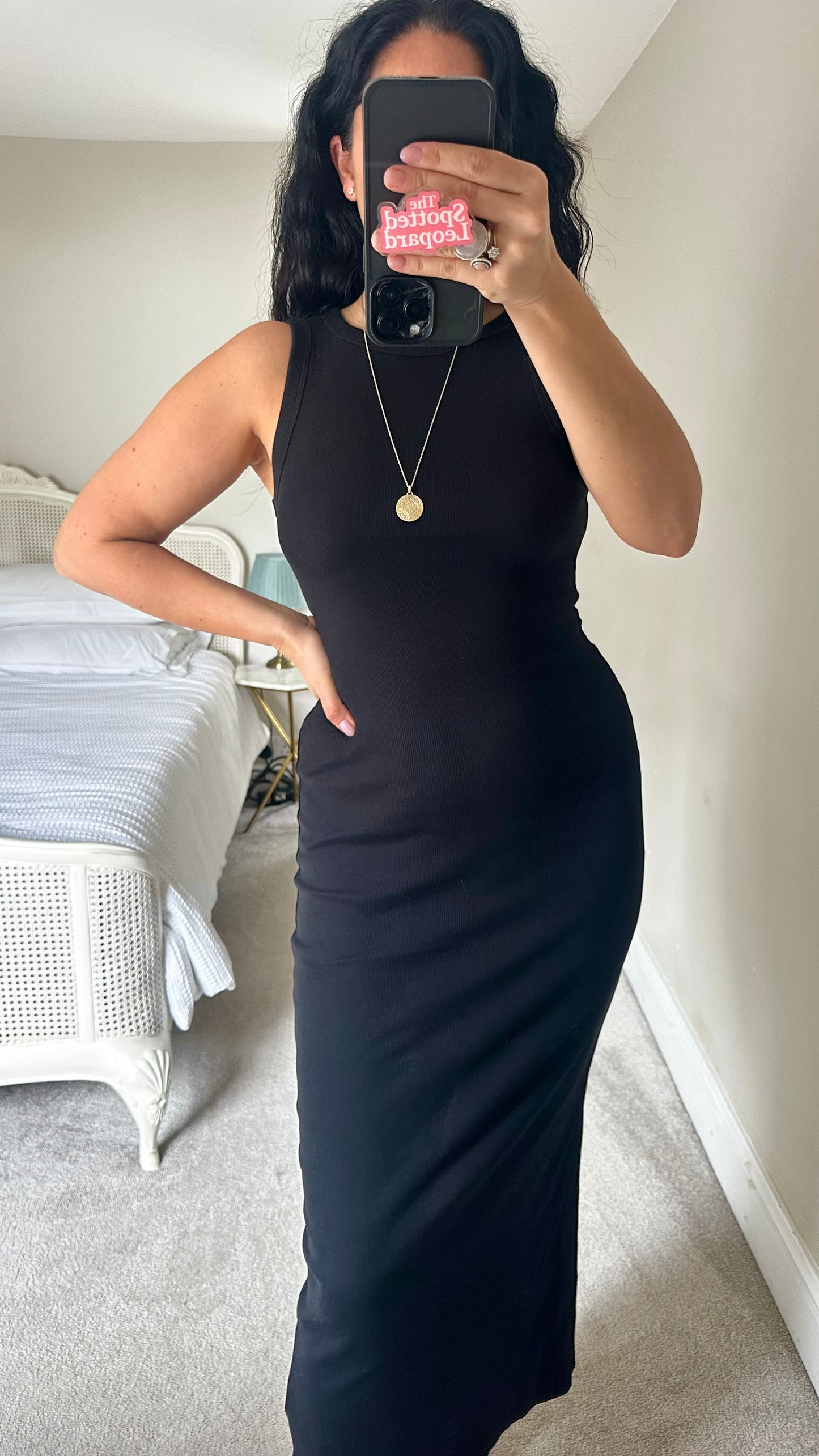 H&M black ribbed midi maxi t shirt dress small UK 8-10 vgc