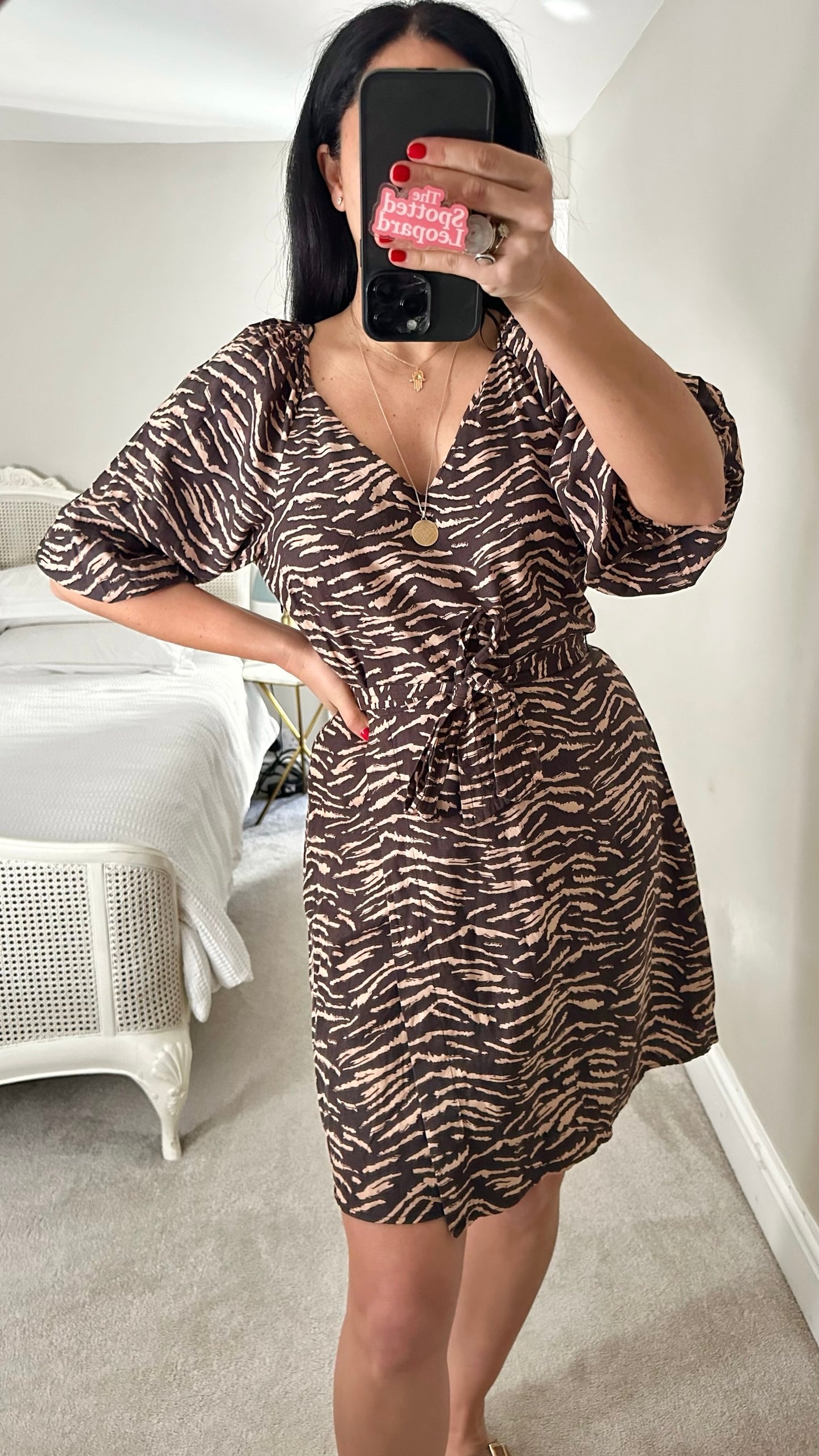 Oliver bonas brown beige tiger print mini linen blend dress Medium M UK 10 excellent used condition