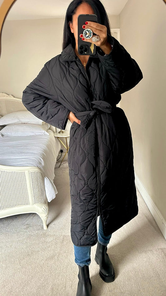 Nobody's child black wavy quilted long line sleeping bag coat wrap large UK 12-14 vgc w25