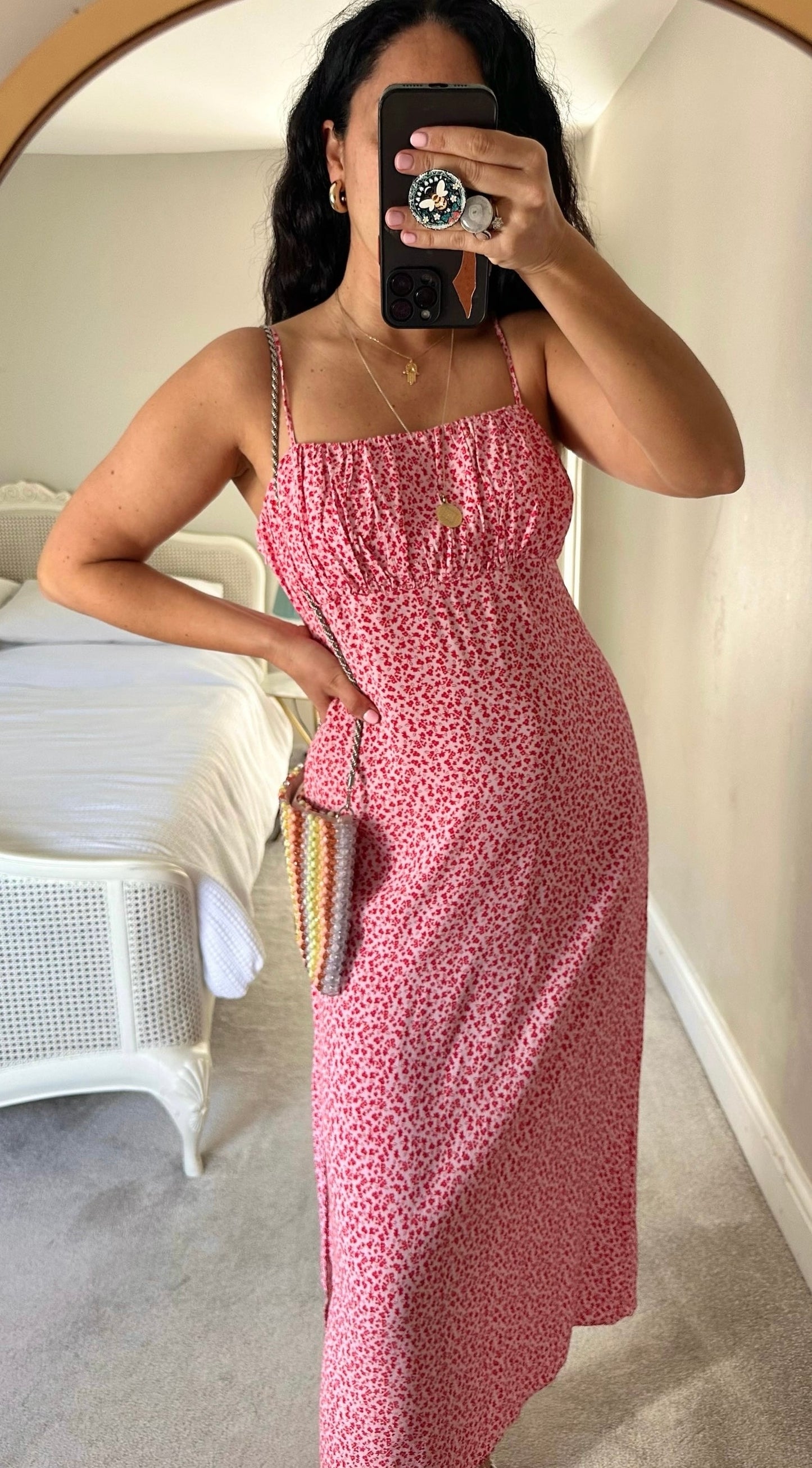 Forever new red pink ditsy floral print ruched bust midaxi slip dress holiday sun event medium L UK 12