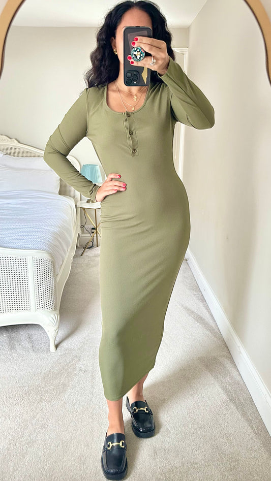 PLT pretty little thing khaki oliver green ribbed midi long dress extra large UK 14 vgc