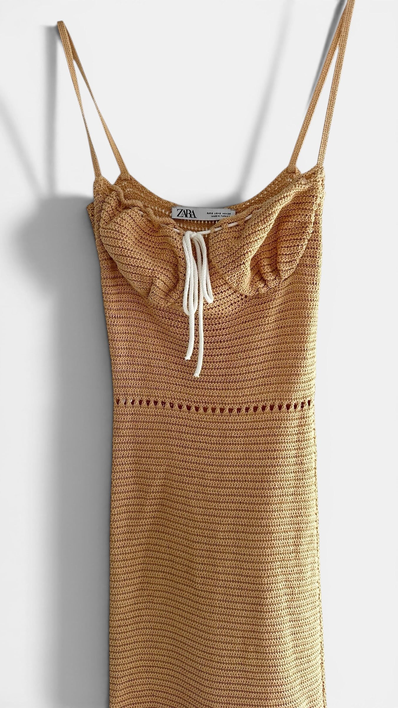 Zara lemon yellow ochre knitted crochet midi long dress small UK 8 vgc