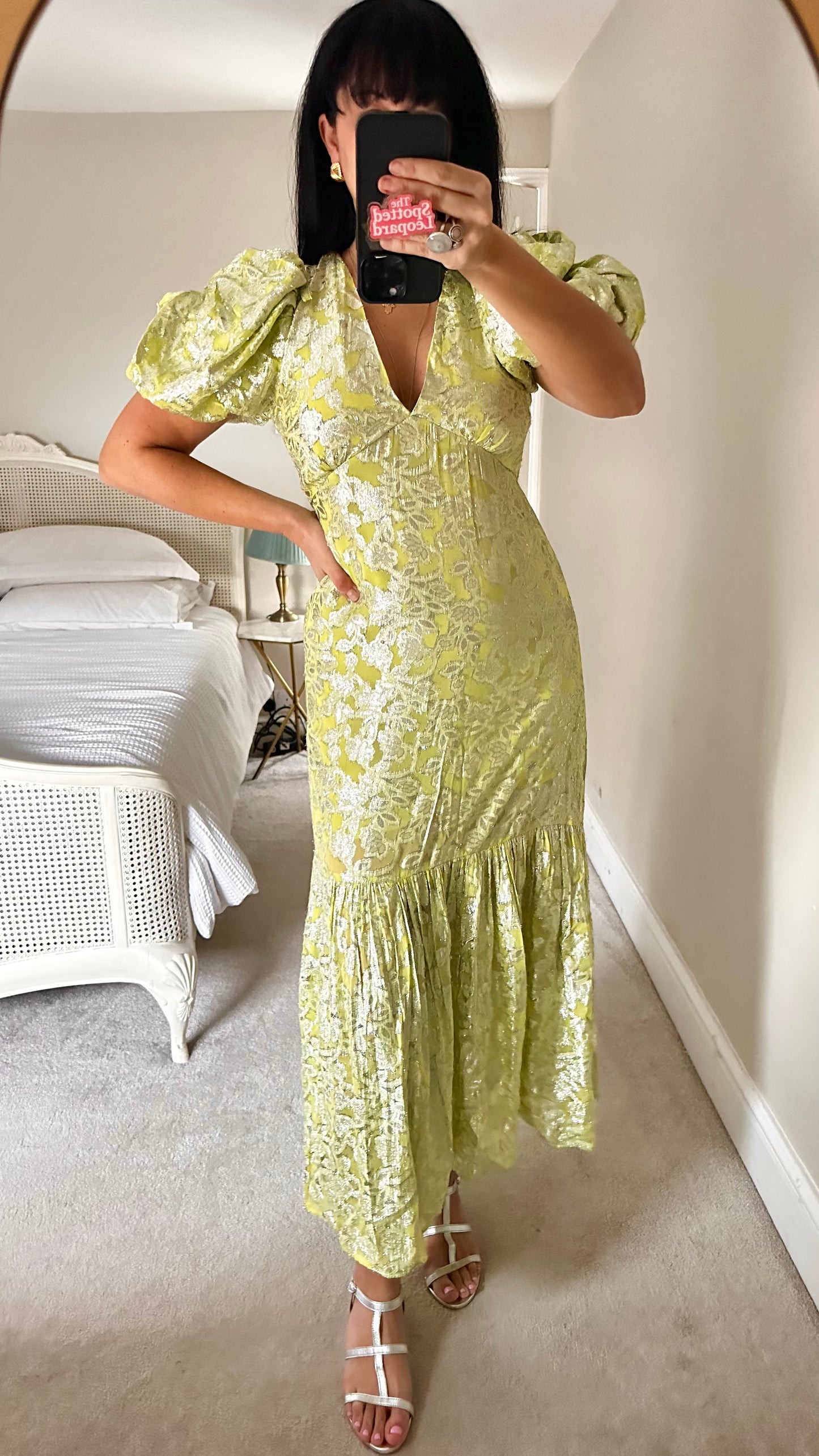 Warehouse lime green silver metallic wedding guest long maxi dress small UK 10 vgc