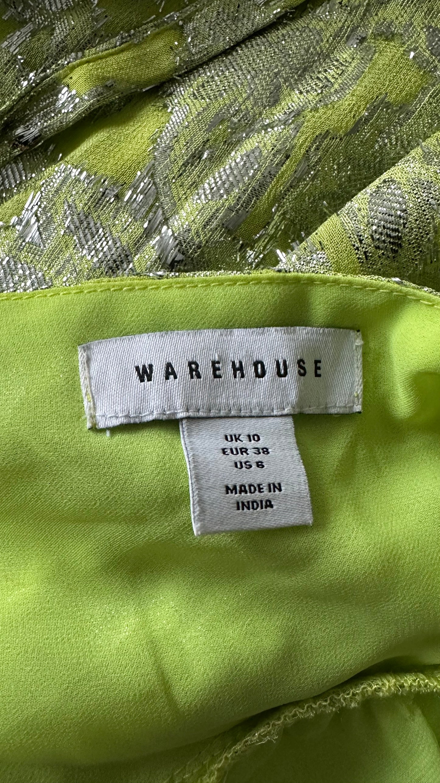 Warehouse lime green silver metallic wedding guest long maxi dress small UK 10 vgc