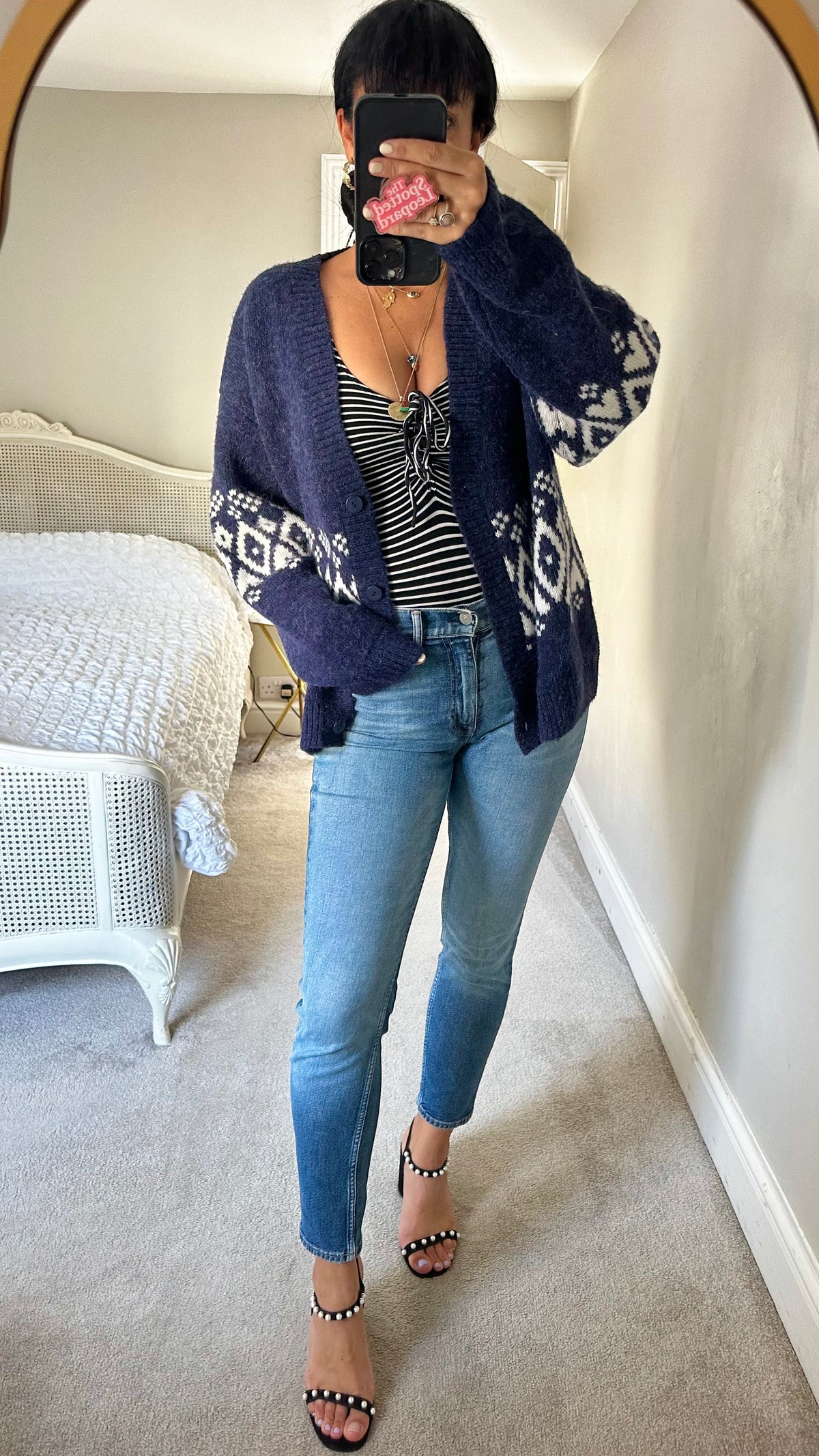 Kitri navy blue white knitted wool blend cardigan medium UK 12-14 oversized