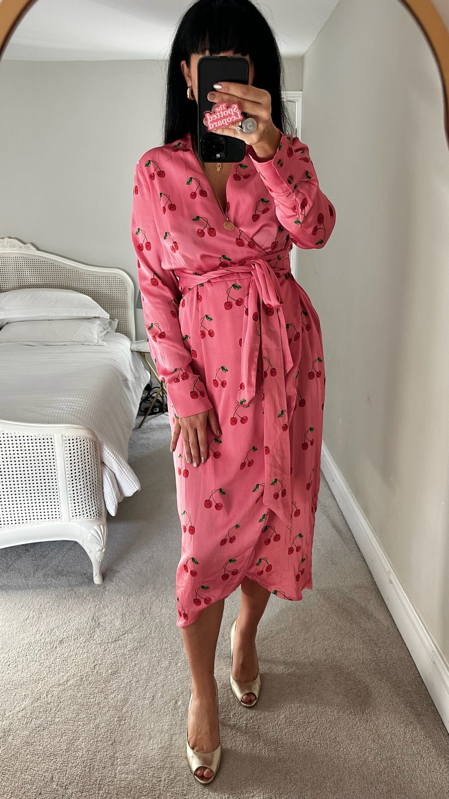 Never fully dressed pink cherry print wrap dress medium UK 10 vgc